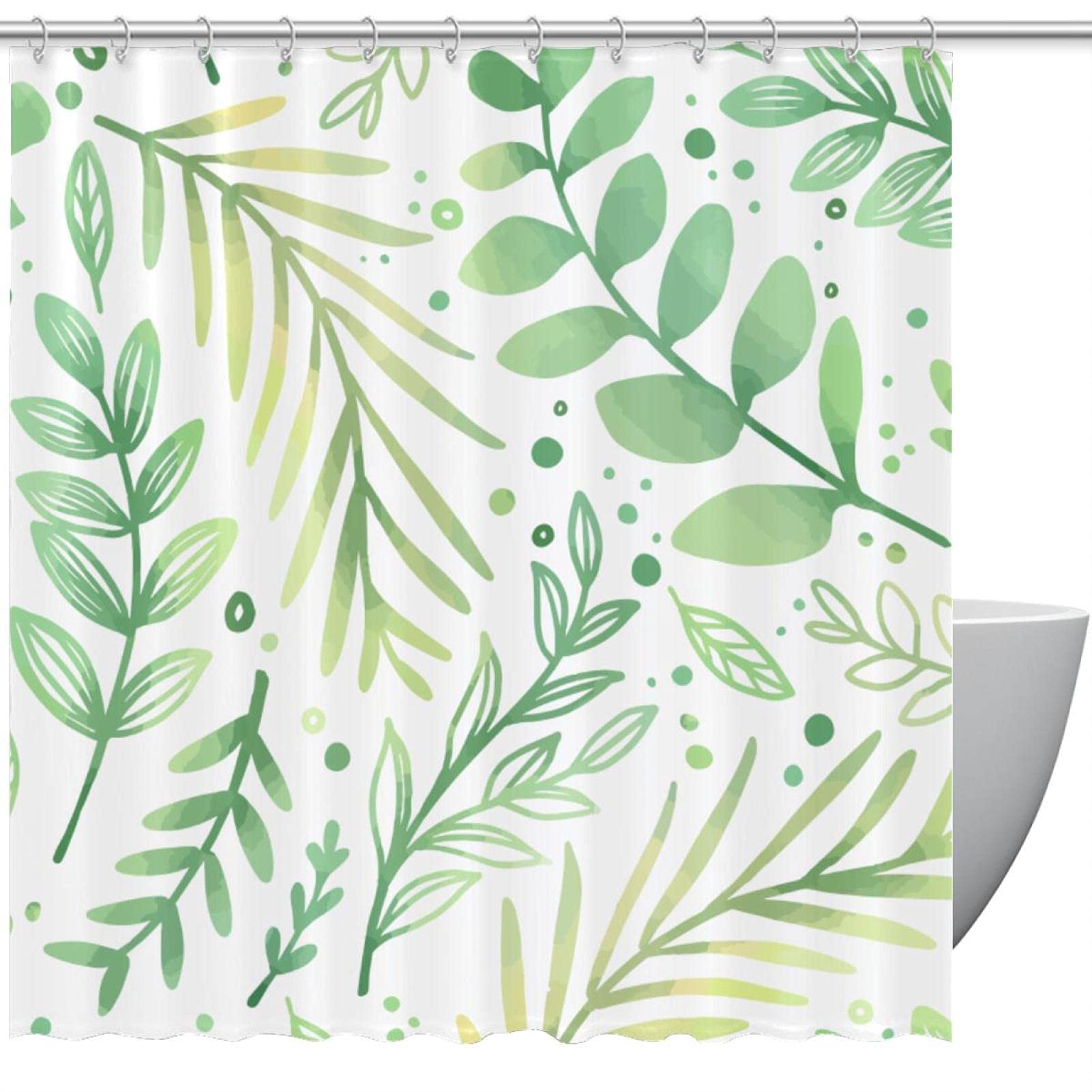 Rideau de douche motif feuilles vertes dessiné main 167,6x182,9 cm