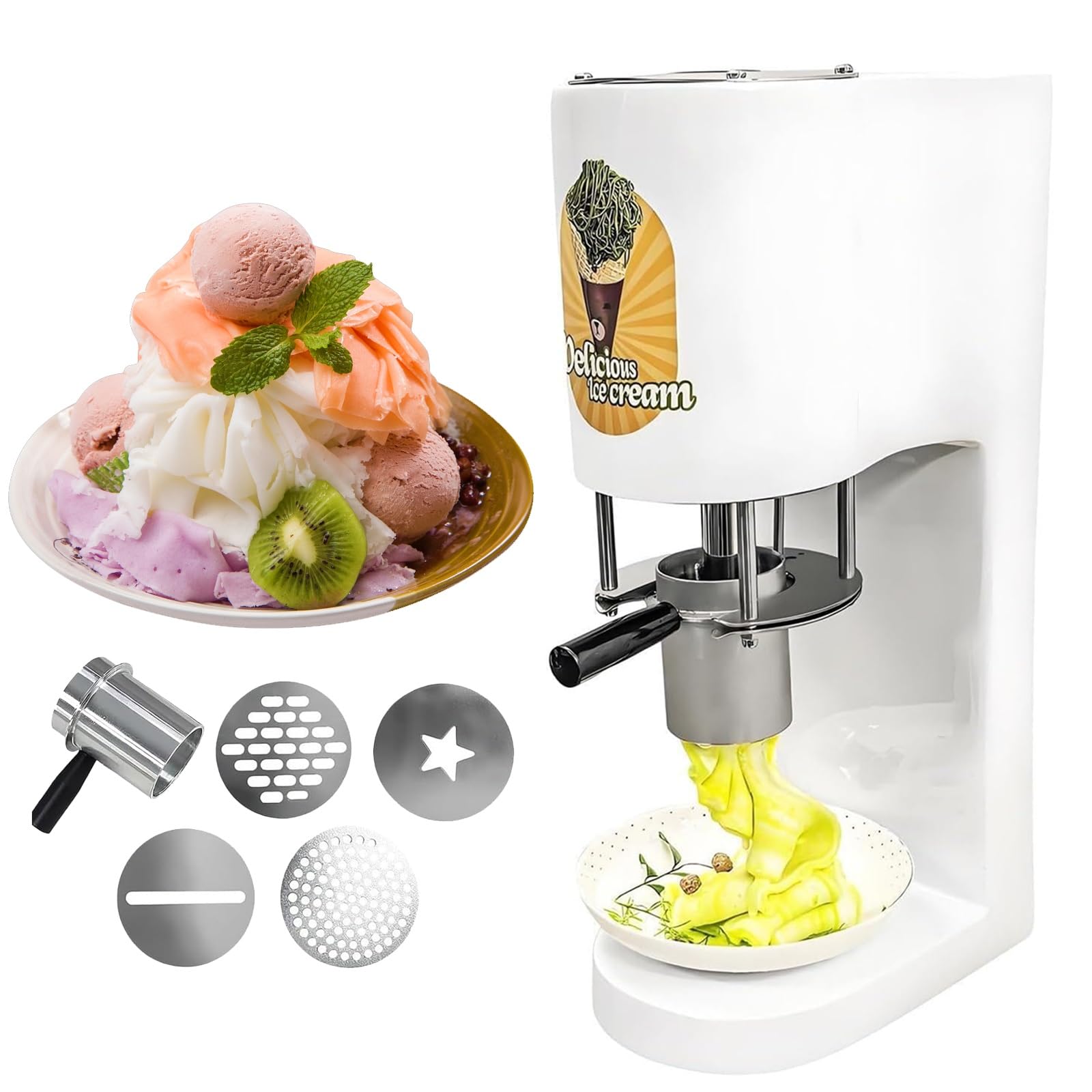 Máquina para Hacer Helado de Espagueti, Prensa para Helado de Espagueti de múltiples Formas, máquina para Hacer Helado de Espagueti con 4 moldes, 6-8 Unidades/Vaso. (White)