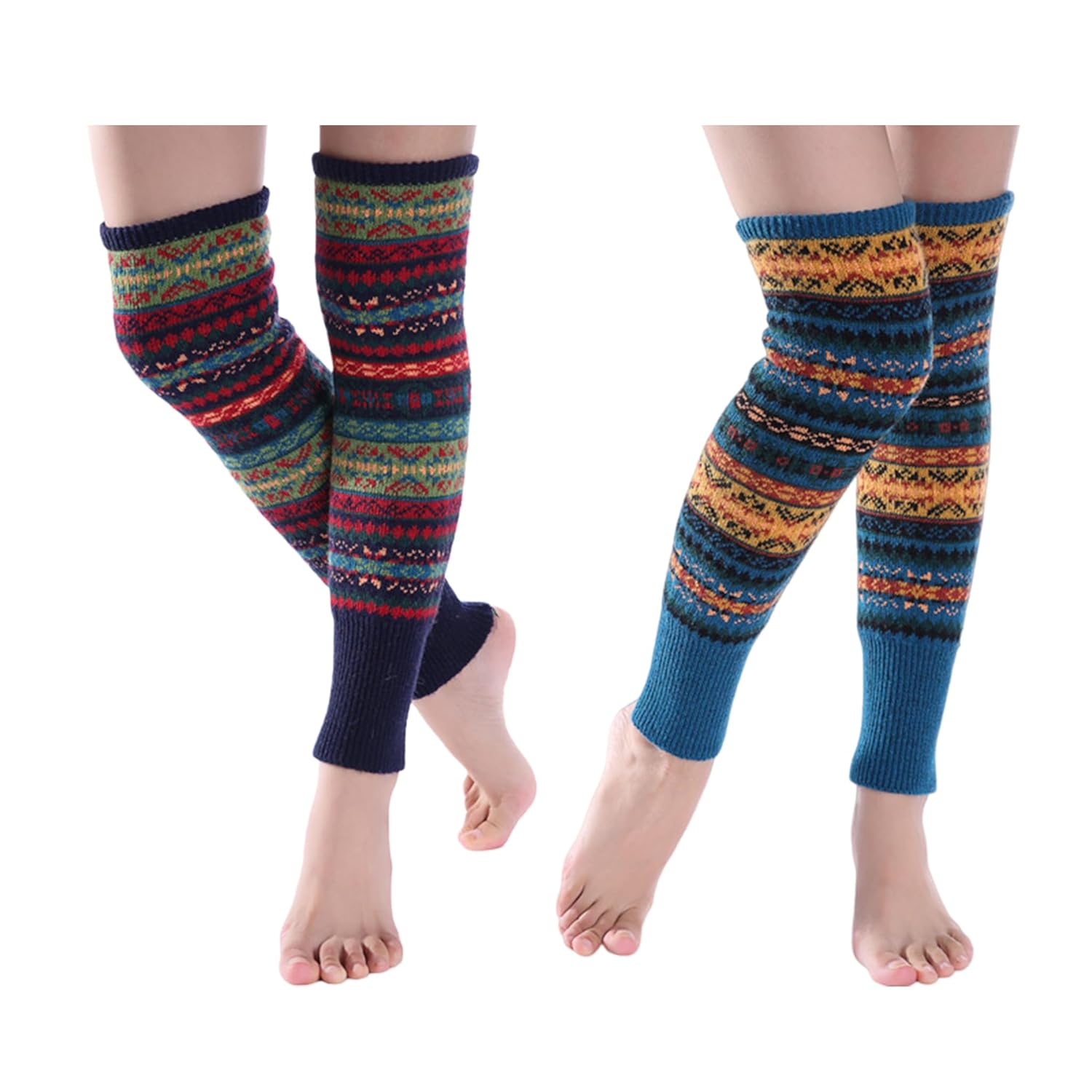 2 Pairs Women Bohemian Over Knee Leg Warmers - Slouchy Wool Blend Color Block for Daily Festive Outfits