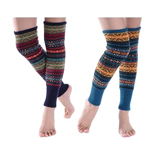 2 Pairs Women Bohemian Over Knee Leg Warmers - Slouchy Wool Blend Color Block for Daily Festive Outfits