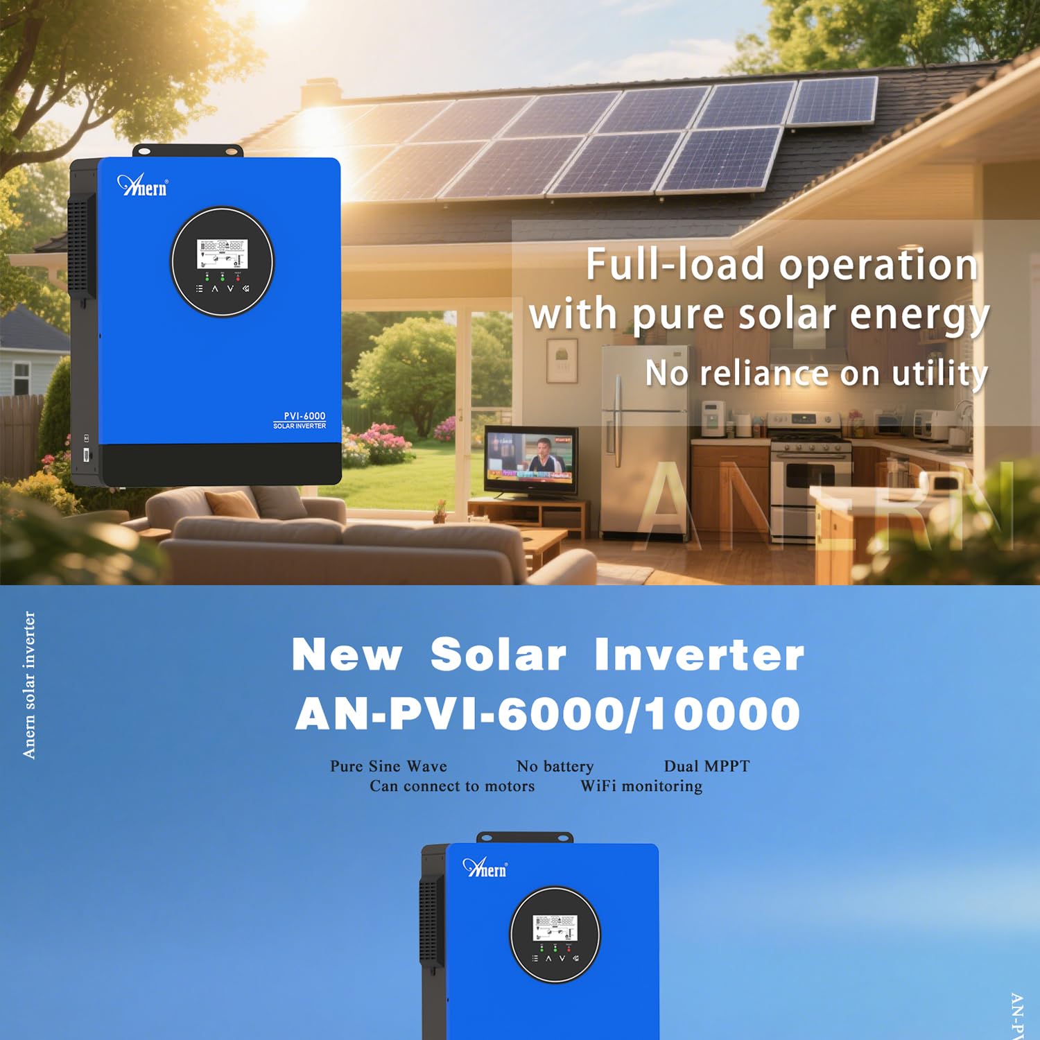 Anern Hybrydowy Falownik 10KW Zintegrowany 3 MPPT Nie Potrzebna bateria, Może Zasilać Silnik 1,5P+3P lub Pompę Wodną,Out-Network Falownik Słoneczny 220V-240VAC,Napięcie MPPT 60-450VDC