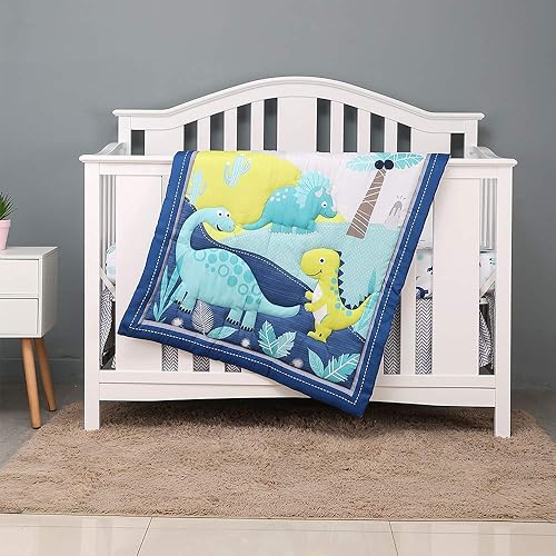 Juego de cama de cuna de dinosaurio para niños 3 piezas (azul)