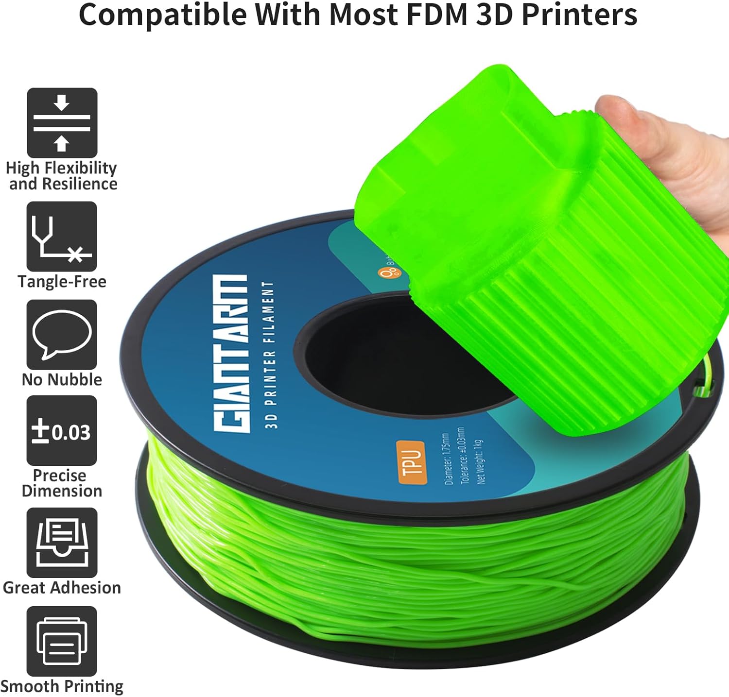 GIANTARM 3D Printer Filament 1kg,Tansparent Blue TPU and Green TPU 1.75mm Dimensional Acuuracy +/-0.03mm,1080 Feet Per Roll,Vacuum Packaging