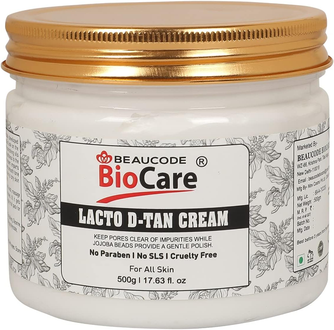 Beaucode BioCare Lacto D Tan Face Cream 500Gm (Pack of 1) For Women & Men For All Skin Types No Paraben||No SLS|| No Sulphate & Cruelty Free