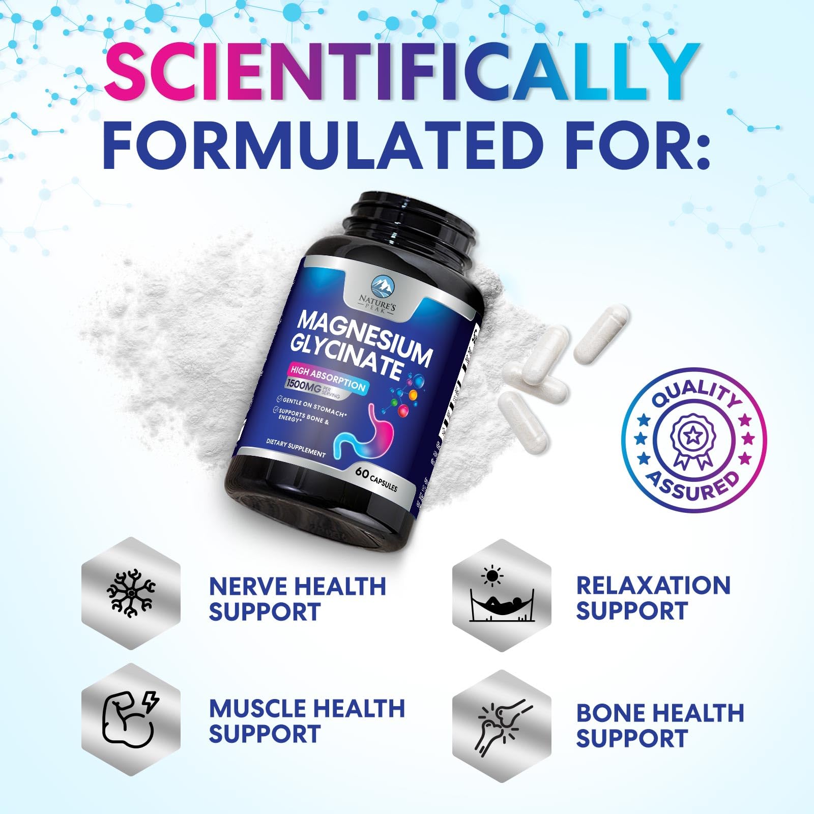 Magnesium Glycinate Supplement - 100% Chelated & Purified - for Calm, Sleep Support, Heart Health, Muscles & Bone Strength - Best Absorption Magnesium Glycinate Capsules, Bottled in USA - 60 Tablets — Amazon image 6