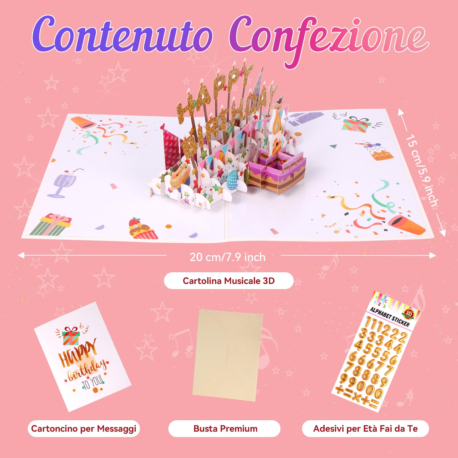 Biglietto Di Compleanno Musicale Con Fuochi D'Artificio LED E Candela Soffiabile, Pop-Up 3D, Con Busta E Biglietto Bianco, Regalo Per Donne Uomini Ragazzi - 5