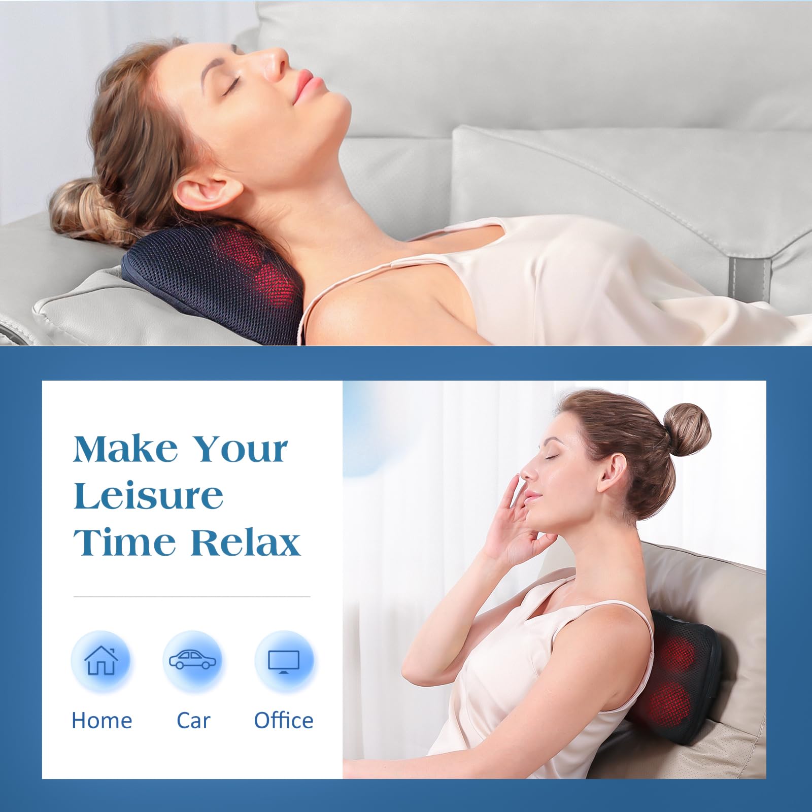 Cojín de Masaje Shiatsu Masajeador de Cuello, Hombros y Espalda, Función de Calefacción, Eléctrico Masajeador de Amasado de Tejido Giratorio 3D para Cintura, Hogar y Oficina, NO Inalámbrico
