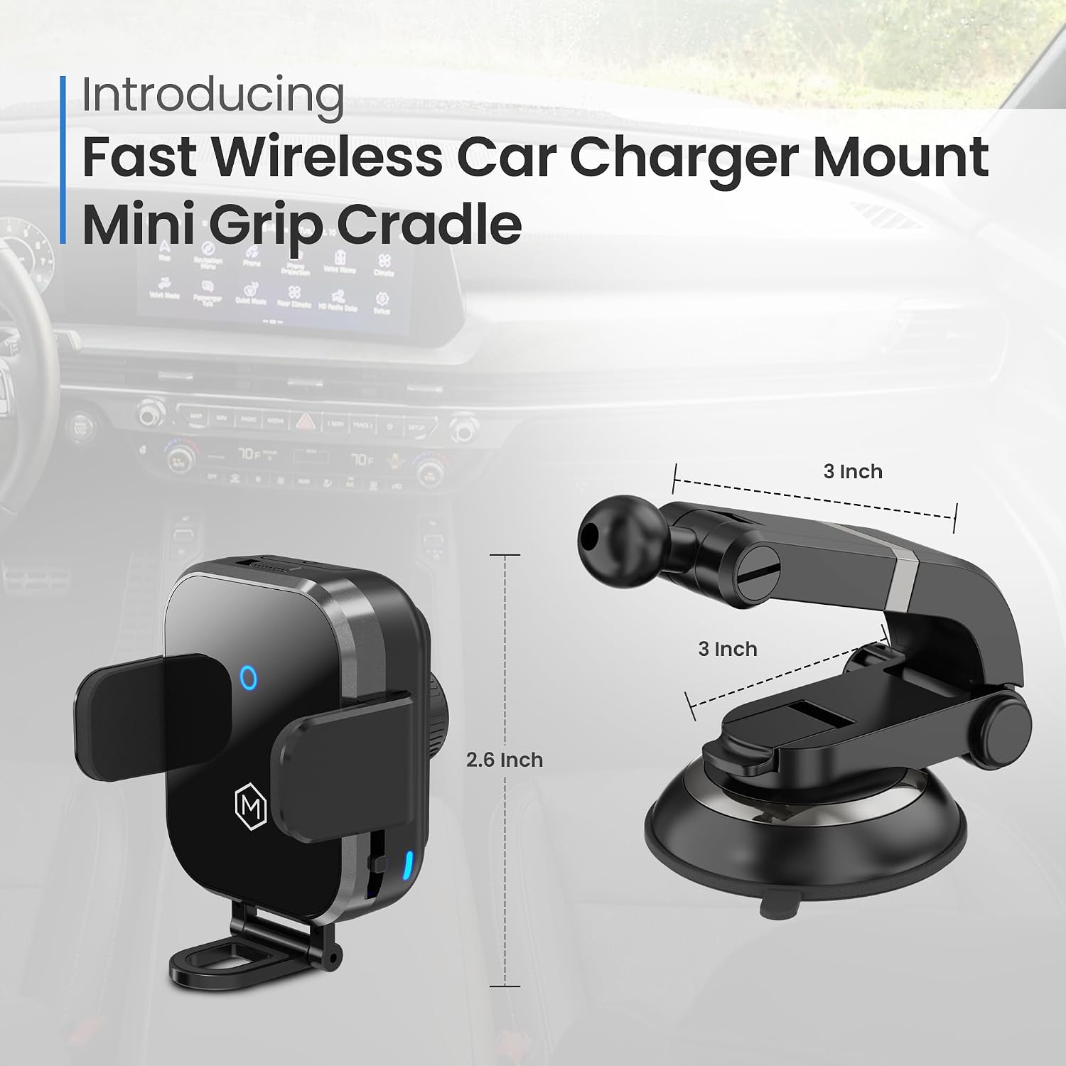 Wireless Car Charger Phone Mount – 15W Charging, Adjustable Stand, Two Mounting Options, Compatible with Phones 3 to 4 Inches - Mini Grip Cradle Multi Angle Suction Cup