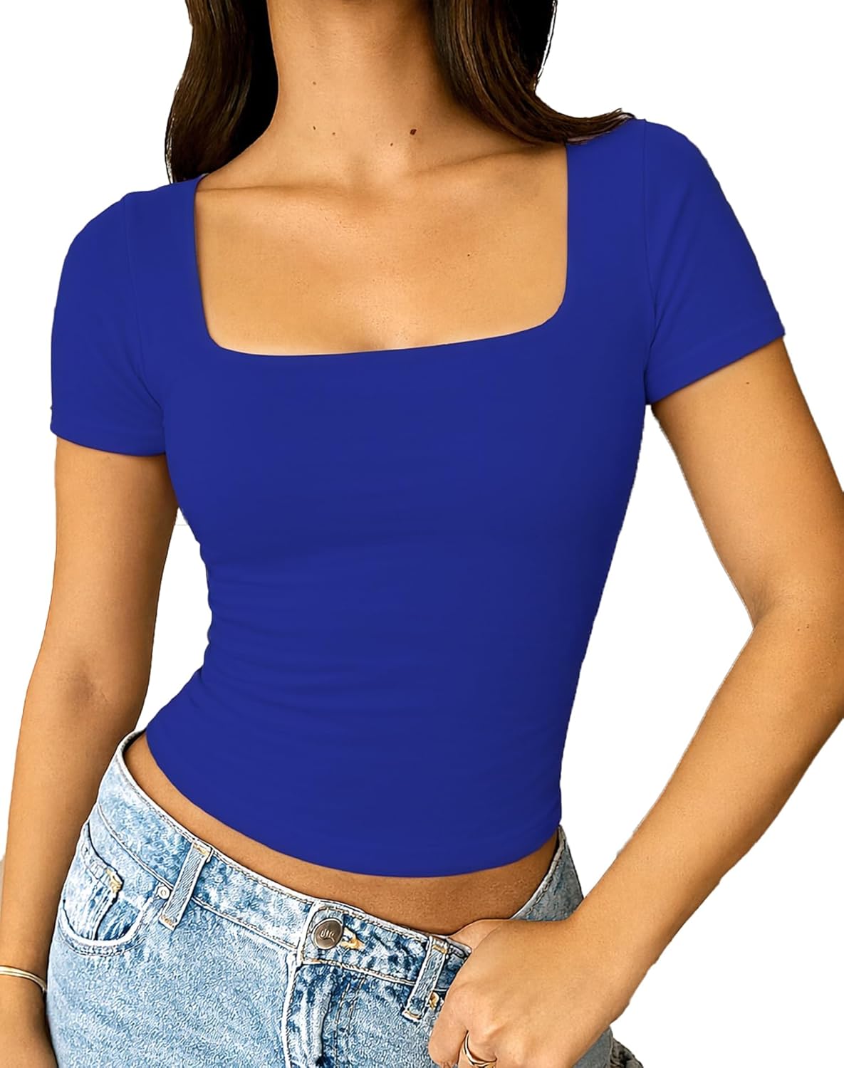 ForeFair Women's Square Neck Going Out Tops Double Lined Short Sleeve Slim Fitted Summer Basic T Shirts