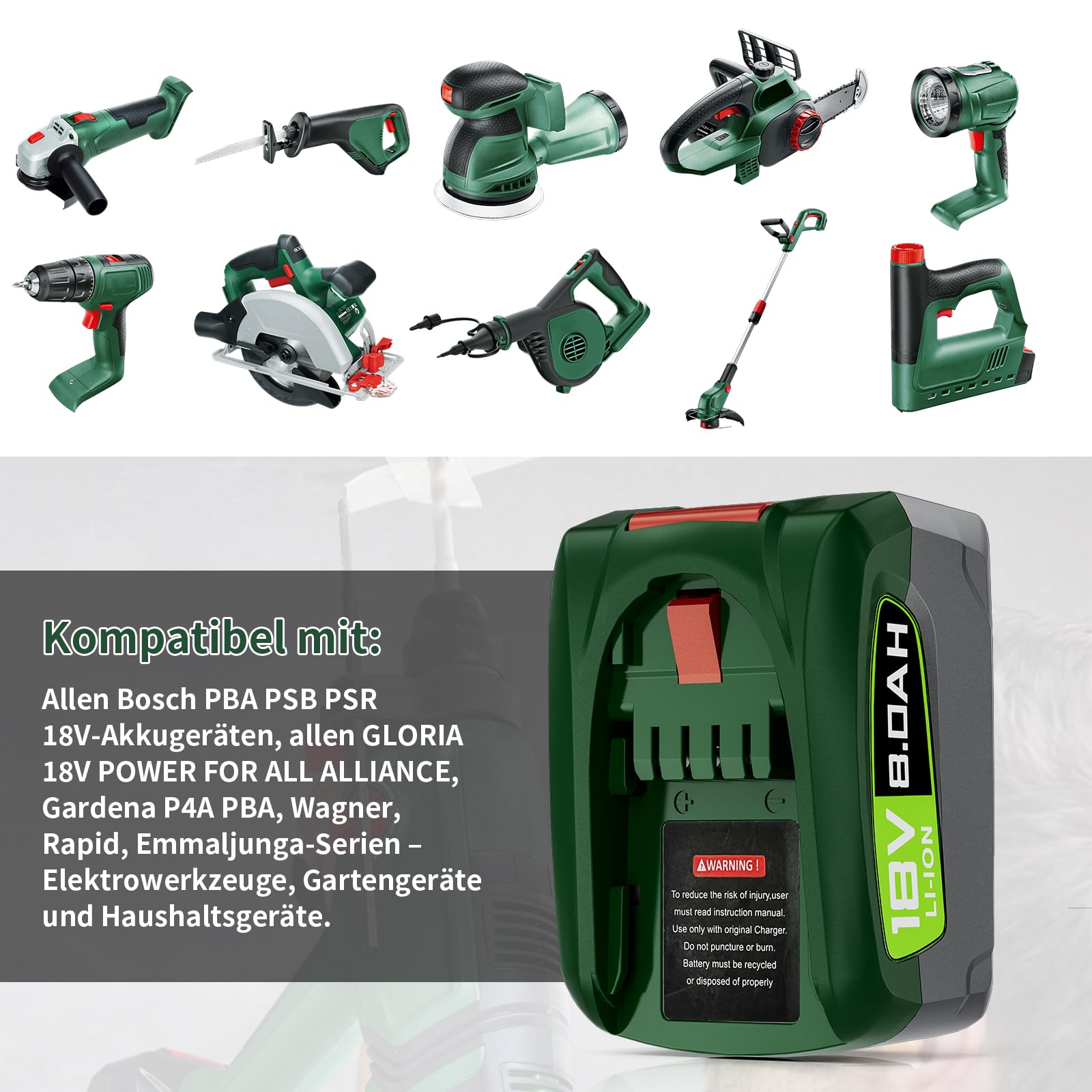 2 X 8000mAh für Bosch Akku 18V, Ersatzakku für Bosch PBA 18 Volt Akku | Hochkapazitäts Li-ion Akku für Bosch PBA,Kompatibel mit Gardena, Green Haus und Gartensystem(Nicht für Unlimited Staubsauger)