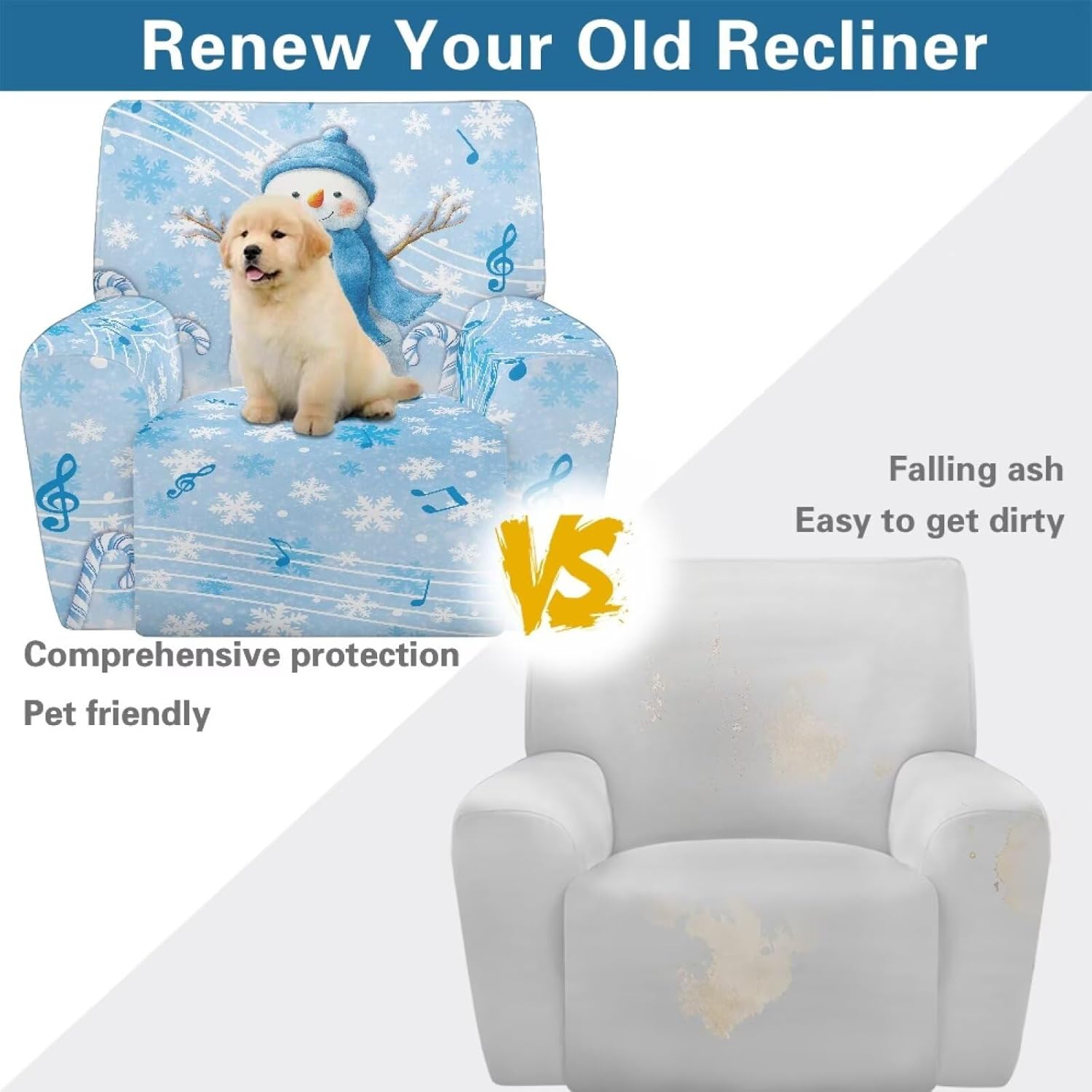 Blue Snowman Sofa Cover Single Seat Recliner 4 Piece Music Note Chair Covers for Recliners for Christmas Cute Lazy Boy Recliner Slipcover