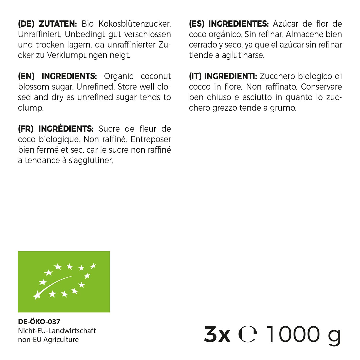 Mea Vita Sucre de fleur de coco biologique, non raffiné, paquet de 3 (3x 1000g) dans un sac