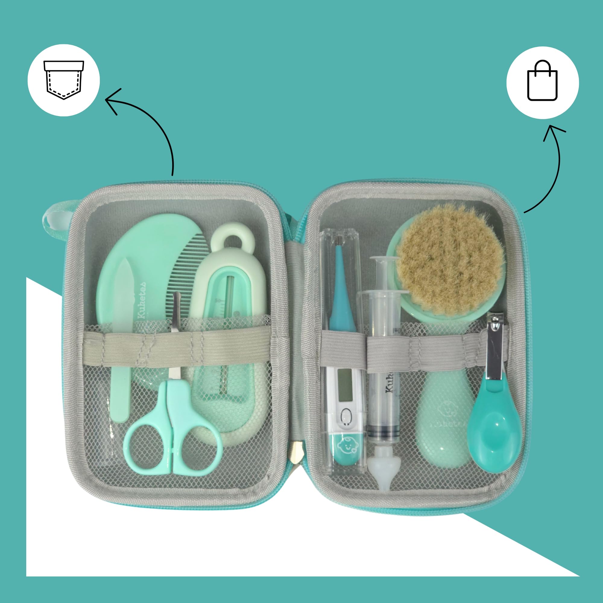 Set de soins pour bébé nouveau-né. Kit hygiène pour bébé complet avec coupe-ongles, citron, ciseaux, thermomètre, douche, seringue bébé, brosse, peigne et sacamoc. Trousse de voyage pour