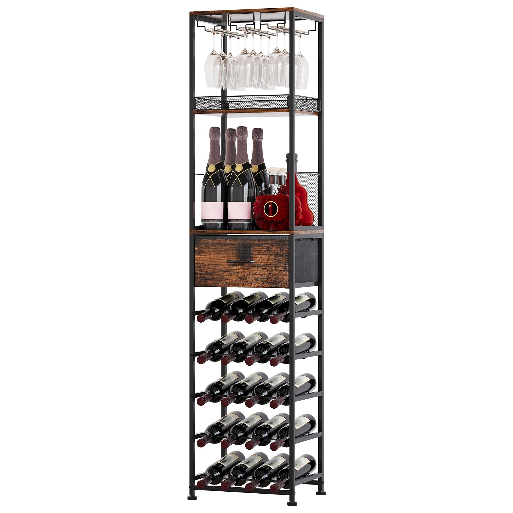 TQVAI Weinregal Holz Freistehend 7-Stöckiges Weinflaschenhalter Halterung für 40 Flaschen Weinhalter mit Schubladen Aufbewahrungssystem für Bar Wohnzimmer Küchen Regal Barschrank, Schwarz/Antik