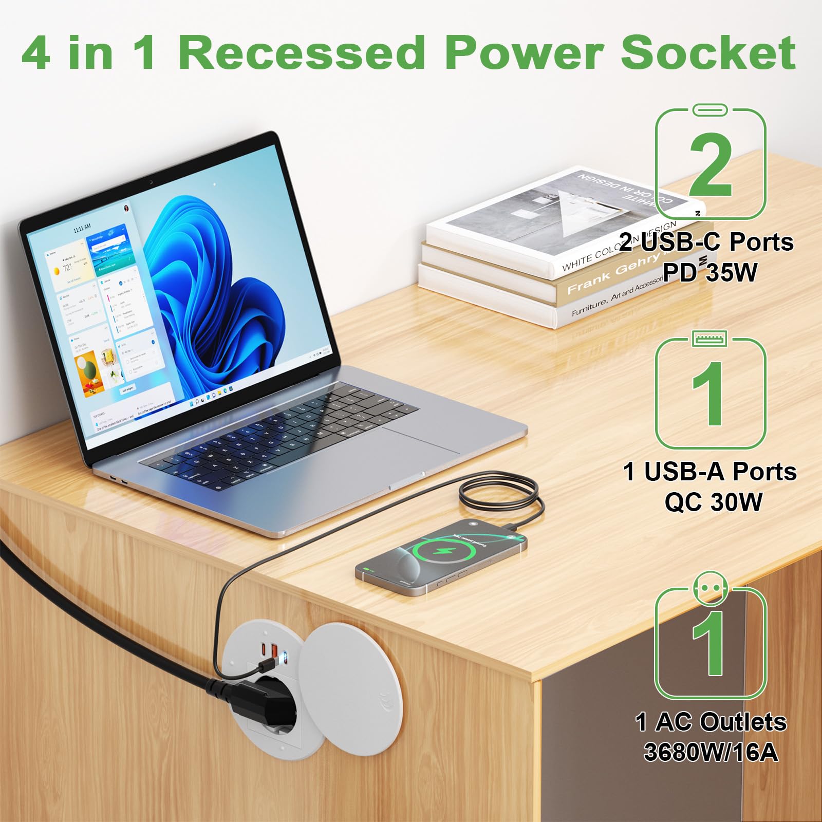 Enchufe Empotrable Mesa con USB C PD 35W, Regleta de Mesa con 3 USB y Tapa, Regleta Empotrable para Muebles o Superficies de Trabajo, Cable de 1,8 m, Blanco