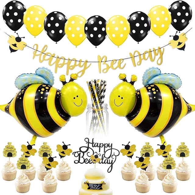 Bee Party Decorations - Bumble Bee Party Supplies, Paper Straws, Bee Balloons, Happy Bee Day Banner for bumblebee Birthday Party Baby Shower Decorations