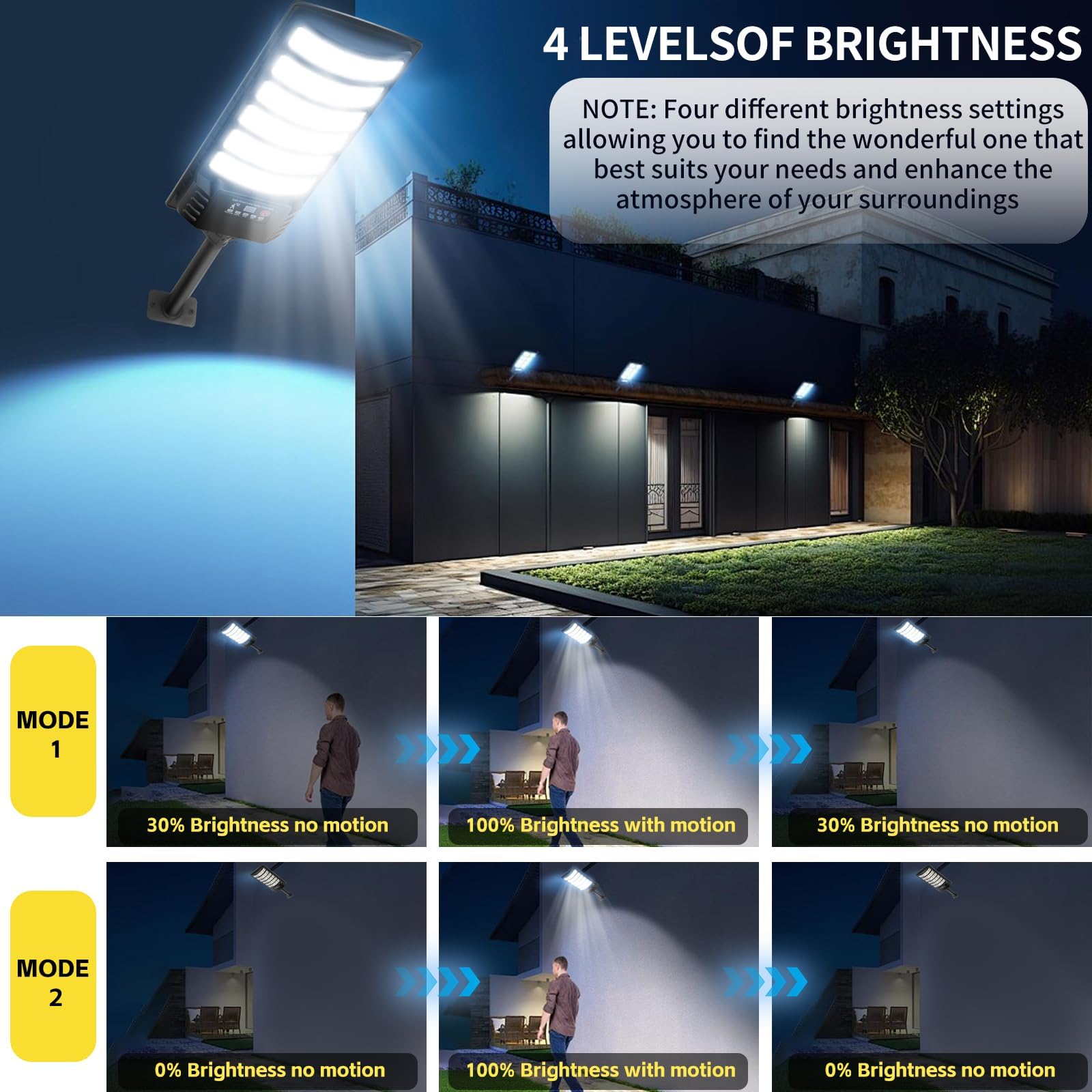 800W Lampione Solare Led Esterno 2 pezzi,IP66 Impermeabile Lampada Stradale Solare con Sensore di Movimento,320° Angolo Illuminazione Faretto Solari con Pannello per Giardino,Strada