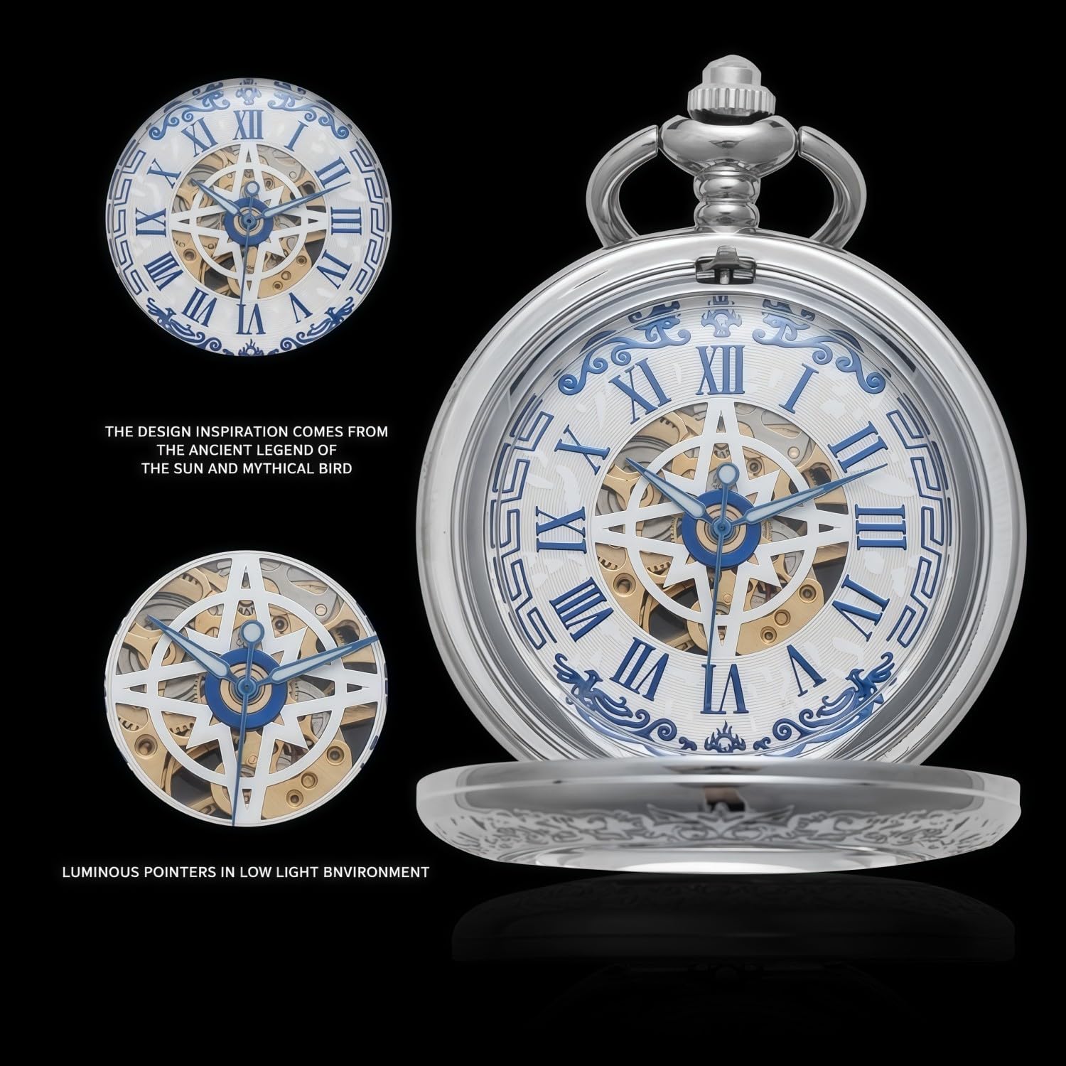 Orologio da tasca meccanico, per uomo e donna, con lente d'ingrandimento speciale, cassa incisa, numeri romani con catena