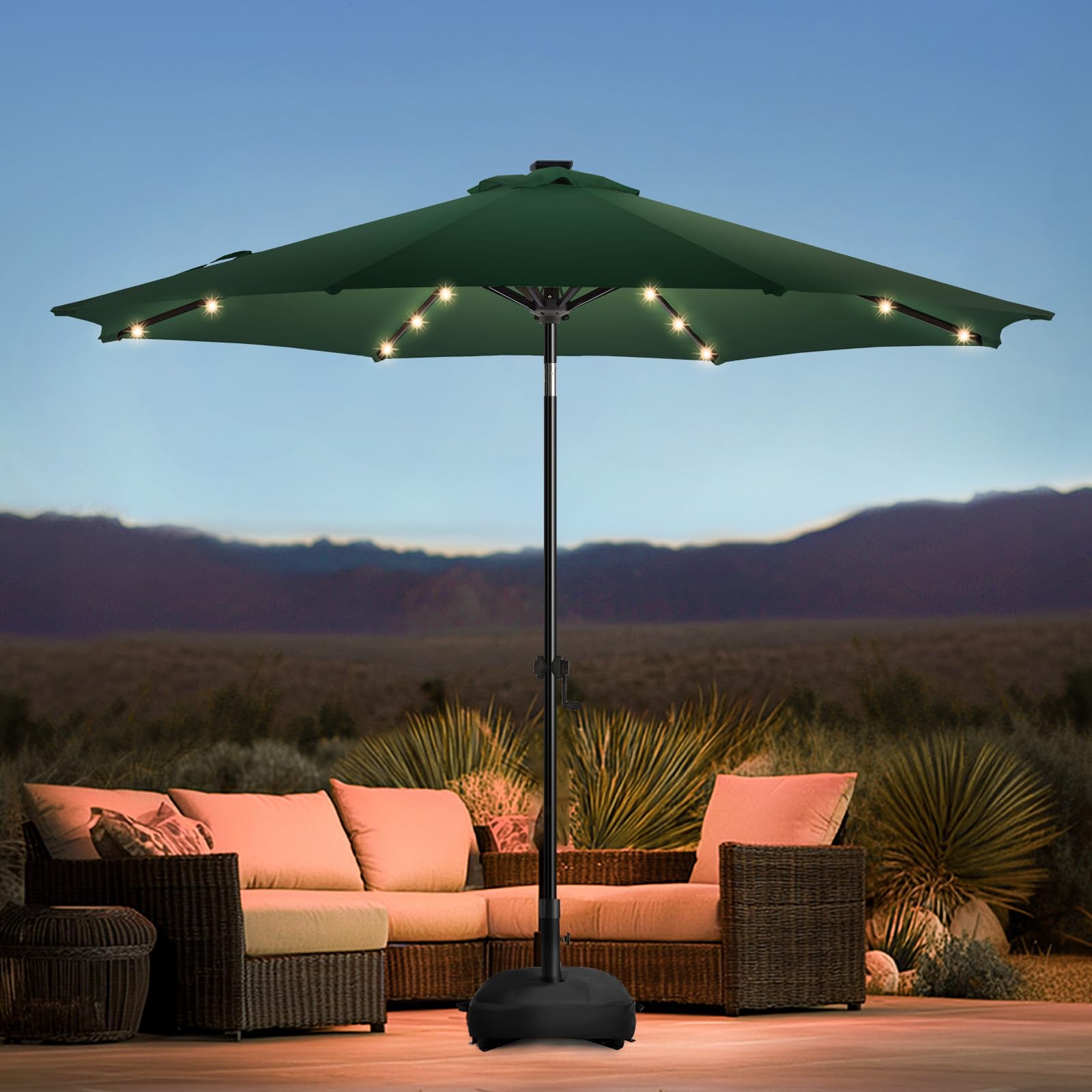 wikiwiki 9ft solar led patio umbrella with base included, 32 led lights, 8 sturdy ribs, fade resistant waterproof polyester dty canopy for garden, lawn, deck, backyard & pool, dark green