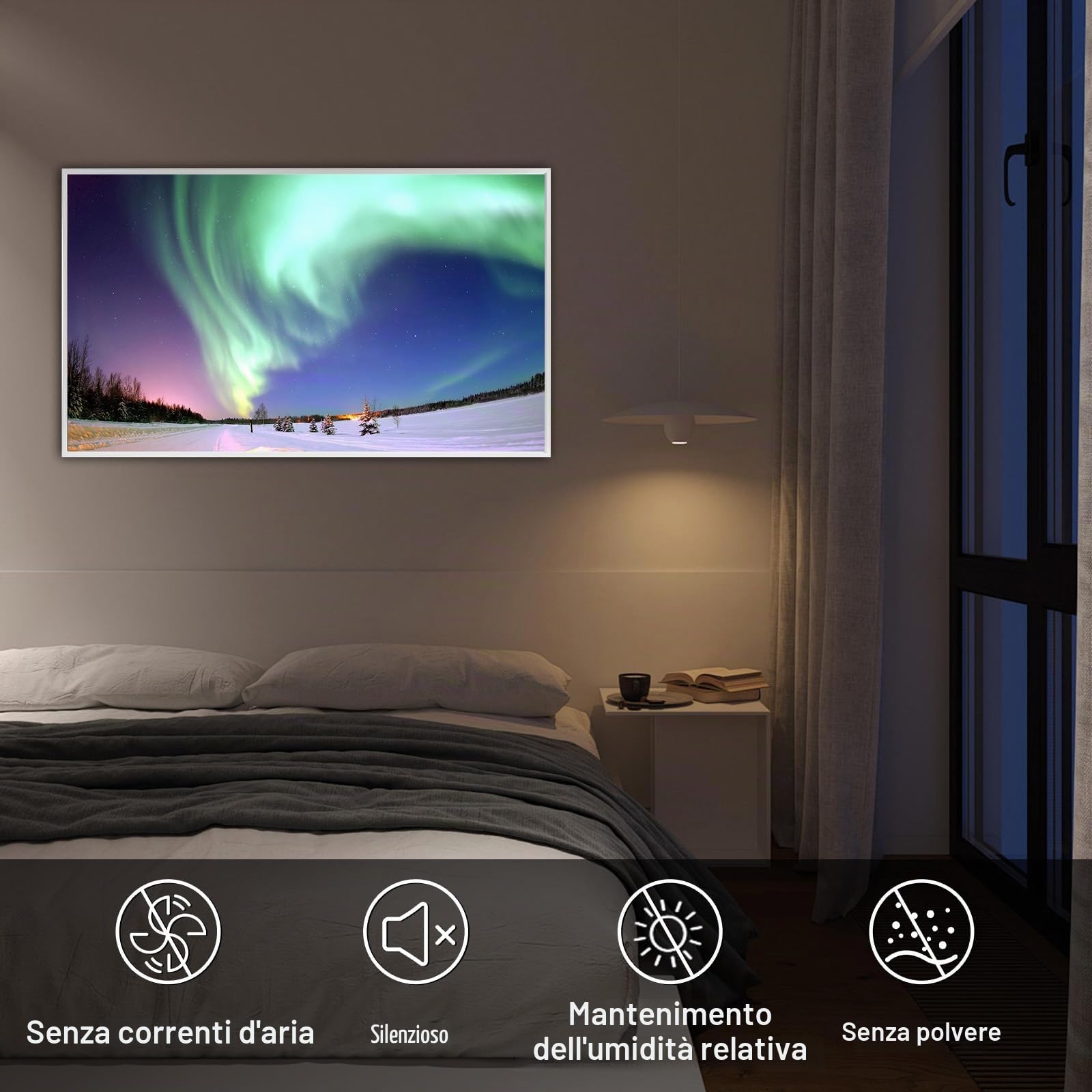 Pannello Radiante Infrarossi 800W, Stufetta Elettrica da Bagno | Riscaldamento al Grafene, Installazione a Parete, Ideale per Diversi Ambienti Interni, Silenzioso, TÜV, Aurora Boreale