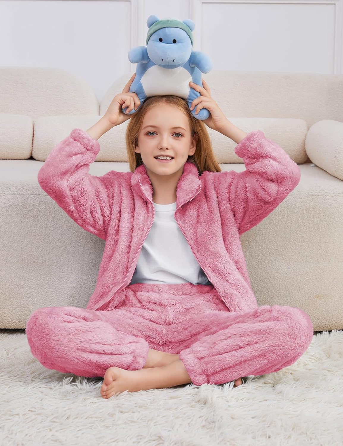 Flygo Girls Fuzzy Pants Sets Kid 2 Piece Winter Fleece Outfits Stand Collar Zip Up Sweatshirts Fluffy Sweatpants with Pockets - Image 3