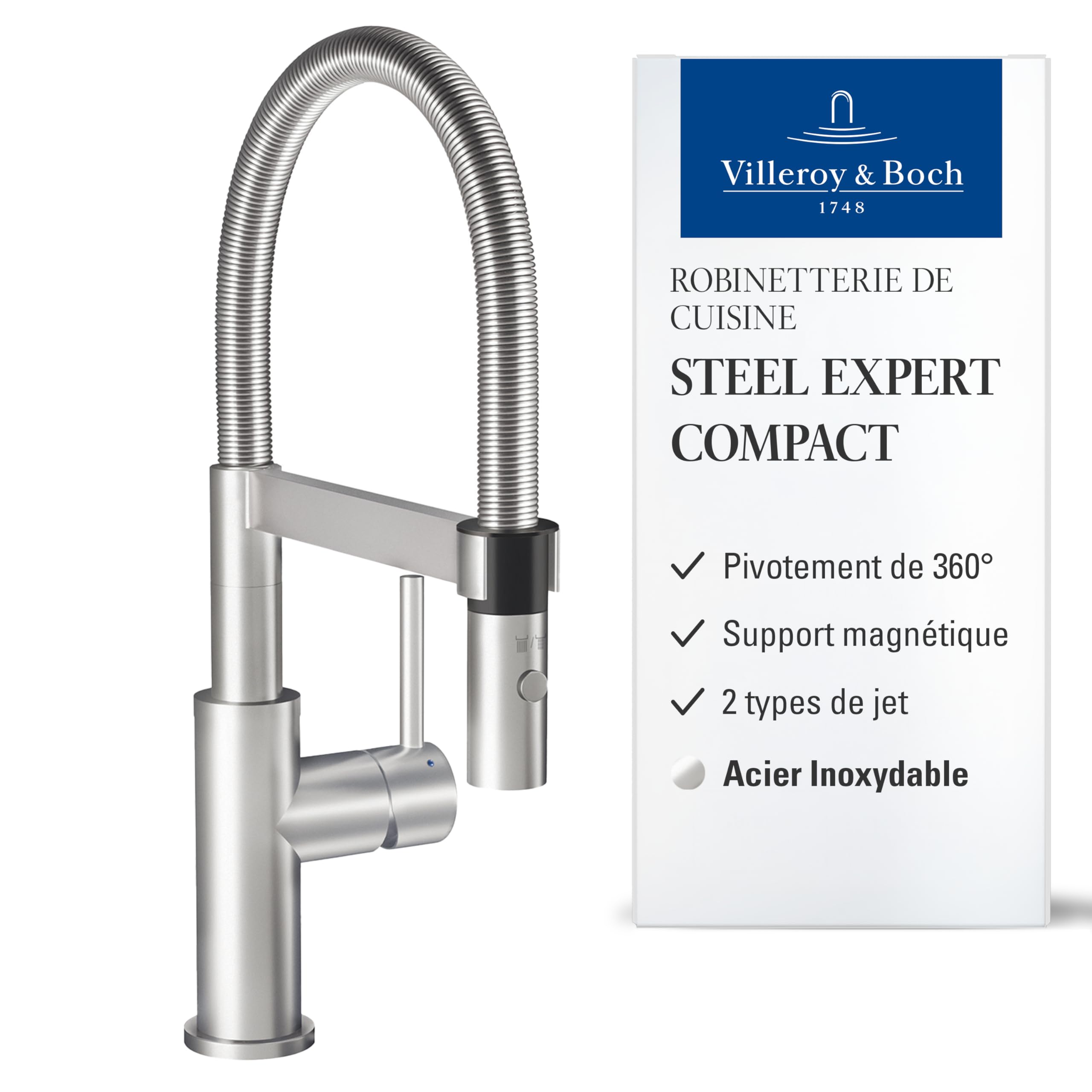 Robinetterie Villeroy & Boch Steel Expert Compact bec 143 mm en acier inoxydable