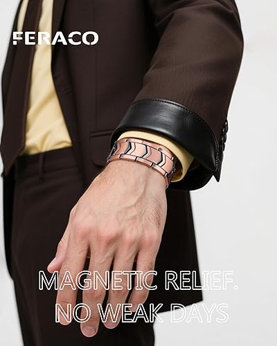 Miniatura 3 de Feraco Pulsera de cobre para hombres 3 veces más fuerza, pulsera de terapia magnética de cobre con potentes imanes de 3800 Gauss, cierre plegable de