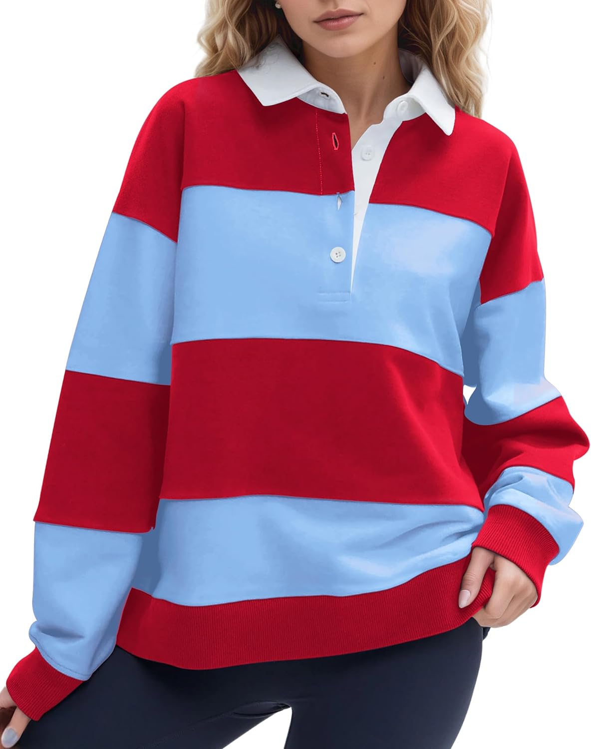 Women Oversized Striped Polo Sweatshirt Color Block Lapel Collared Pullover Tops Striped Long Sleeve Rugby Shirts