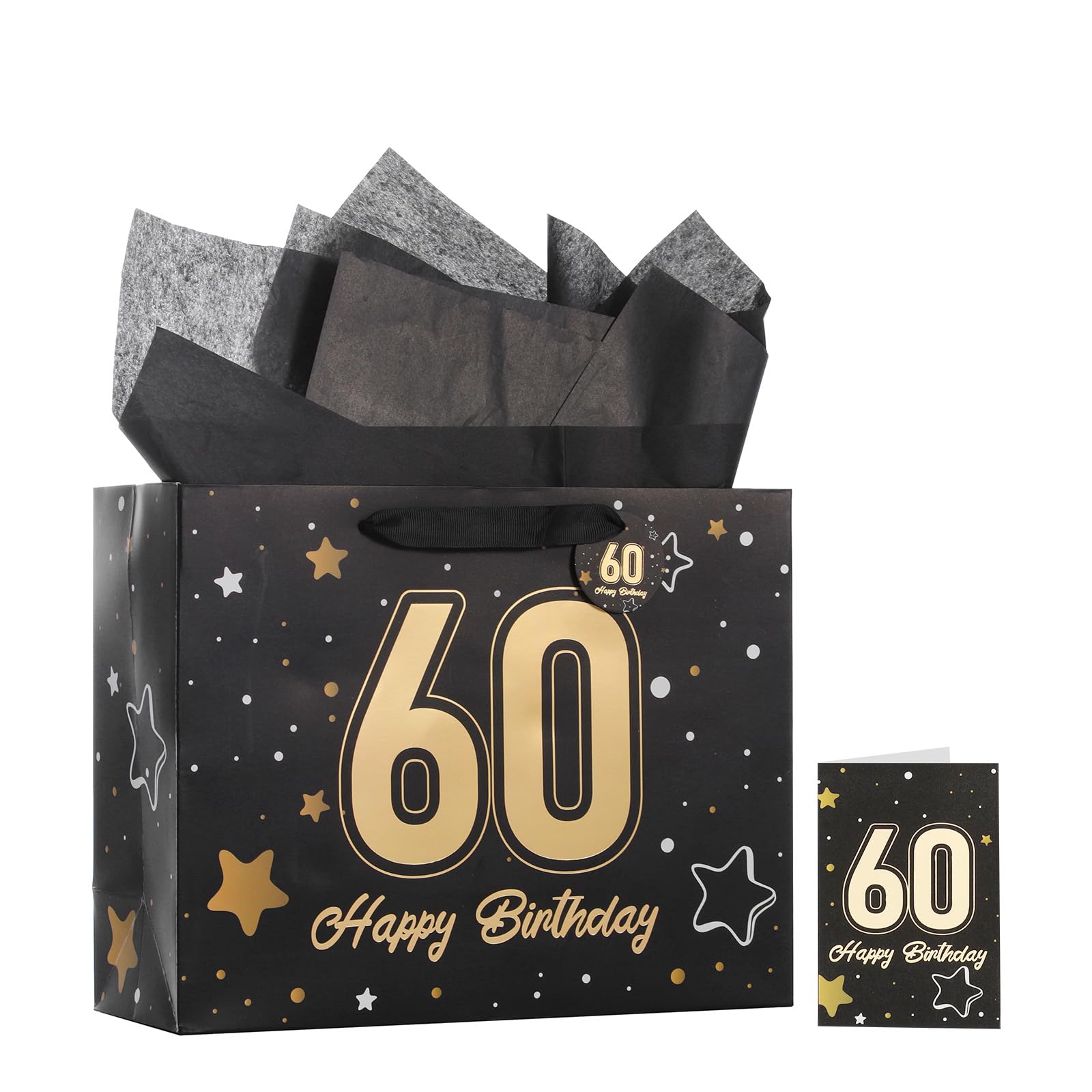Powbrace 13" Birthday Gift Bag with Tissue Paper &amp; Card(Black 60th)