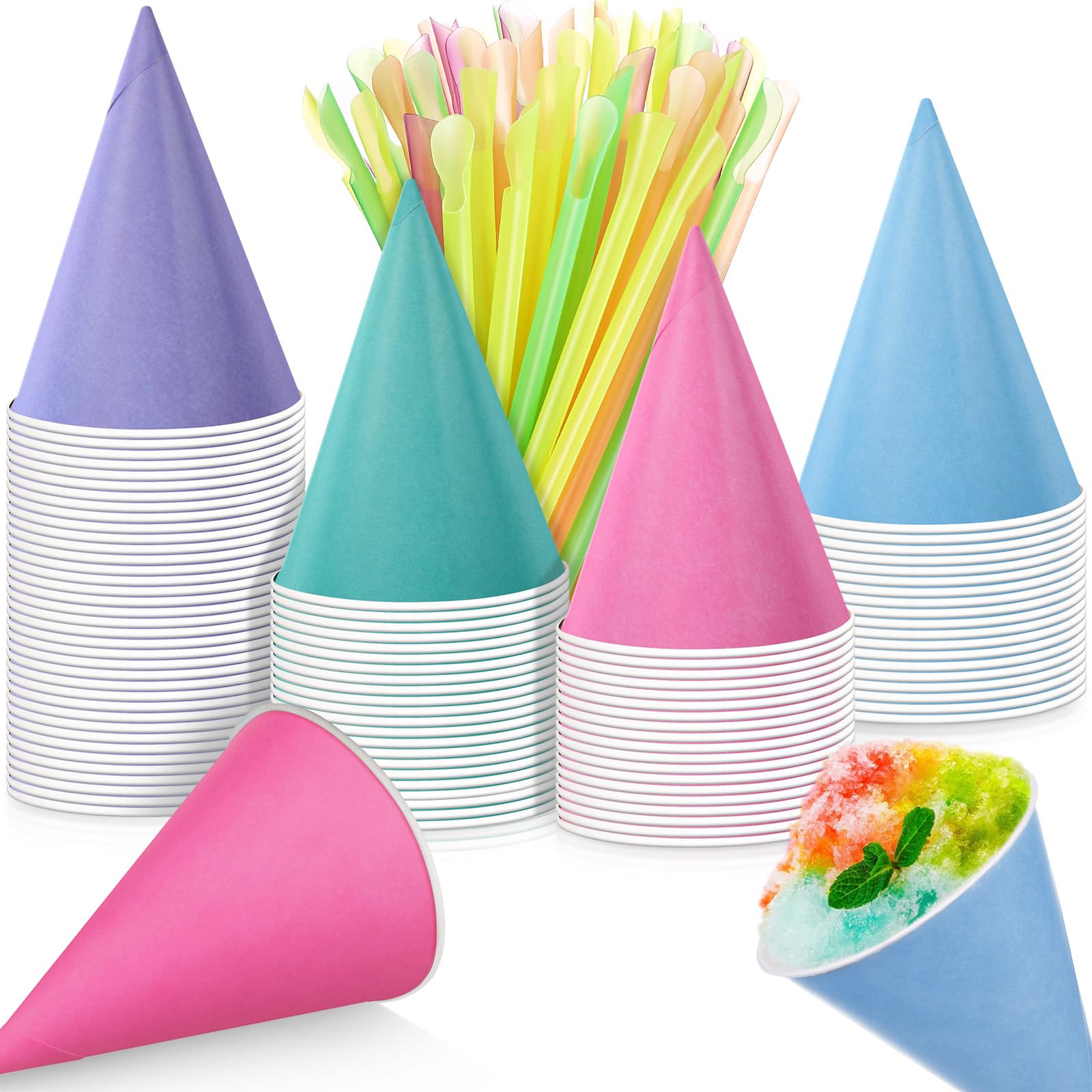 Boao 100 Pcs Snow Cone Cups Syrup Spoon Straws,Mermaid,4.5 Oz