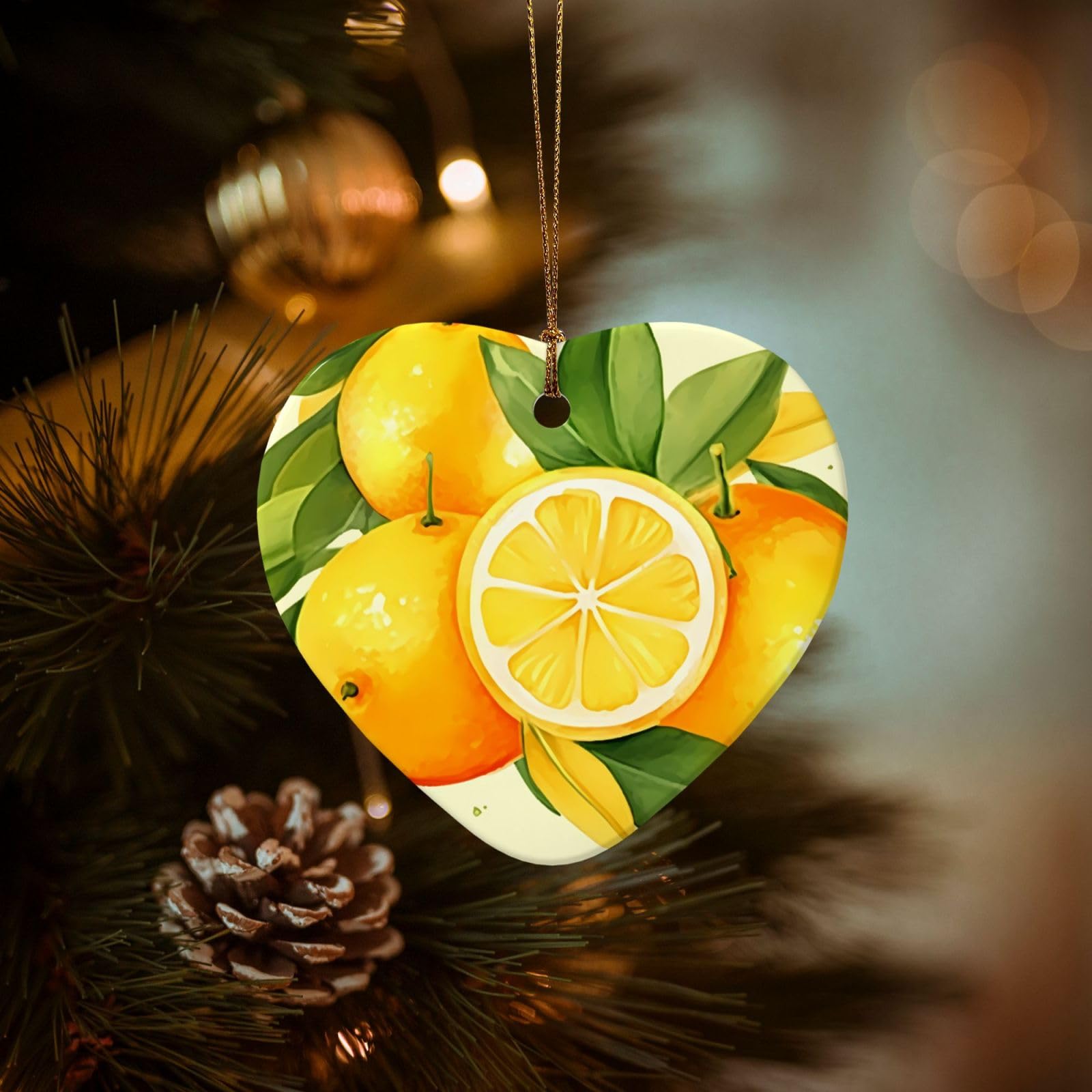 Christmas Tree Ornaments Ceramics Christmas Decorations Watercolor Lemon Fruit Ornaments with Gold Ribbon Porcelain Xmas Tree Crafts Heart Shape Hanging Pendant for Christmas Tree Party Decor