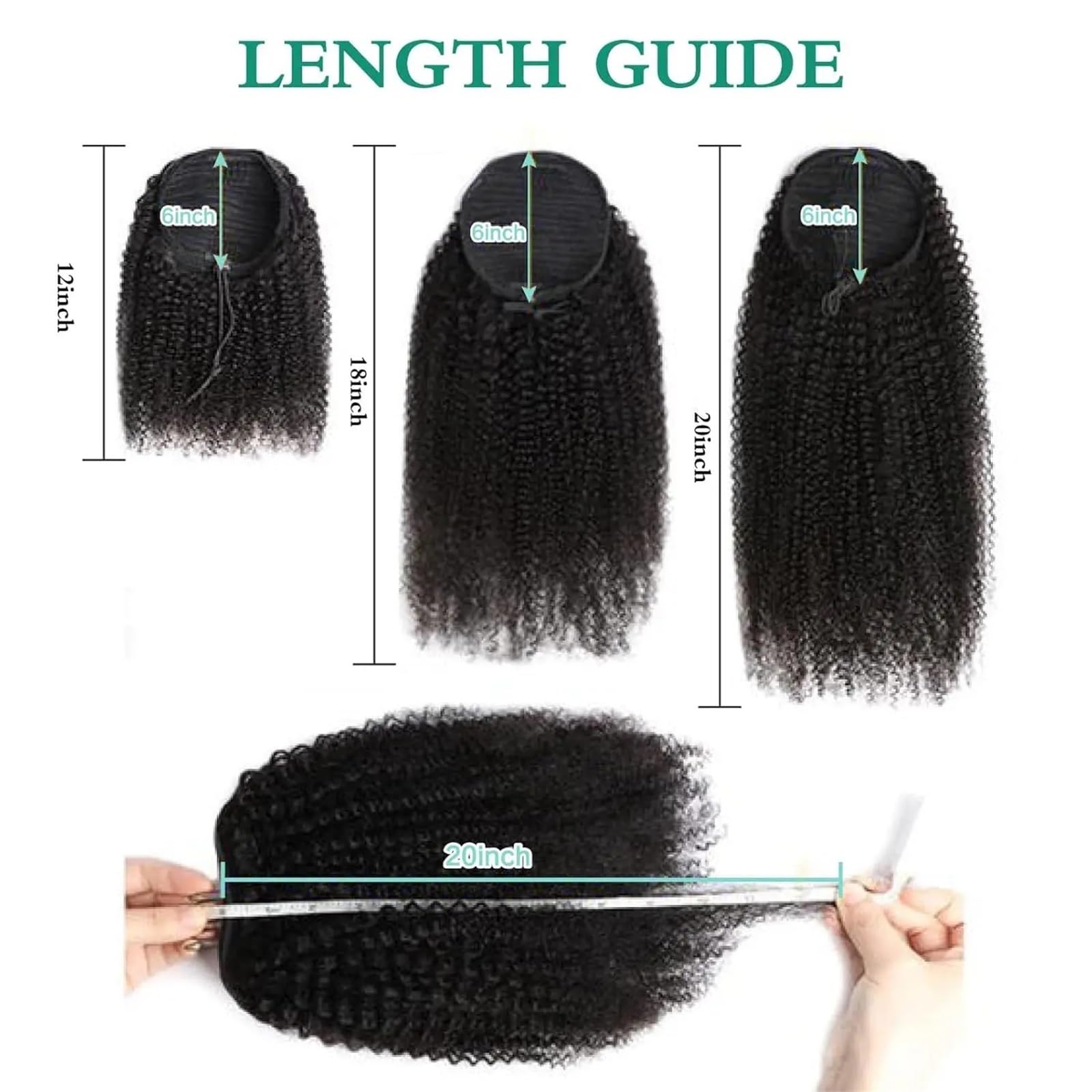Postiche Queue de cheval crépue bouclée en cheveux humains Remy, queue avec cordon serrage for femmes, noir naturel Naturel(20inches)