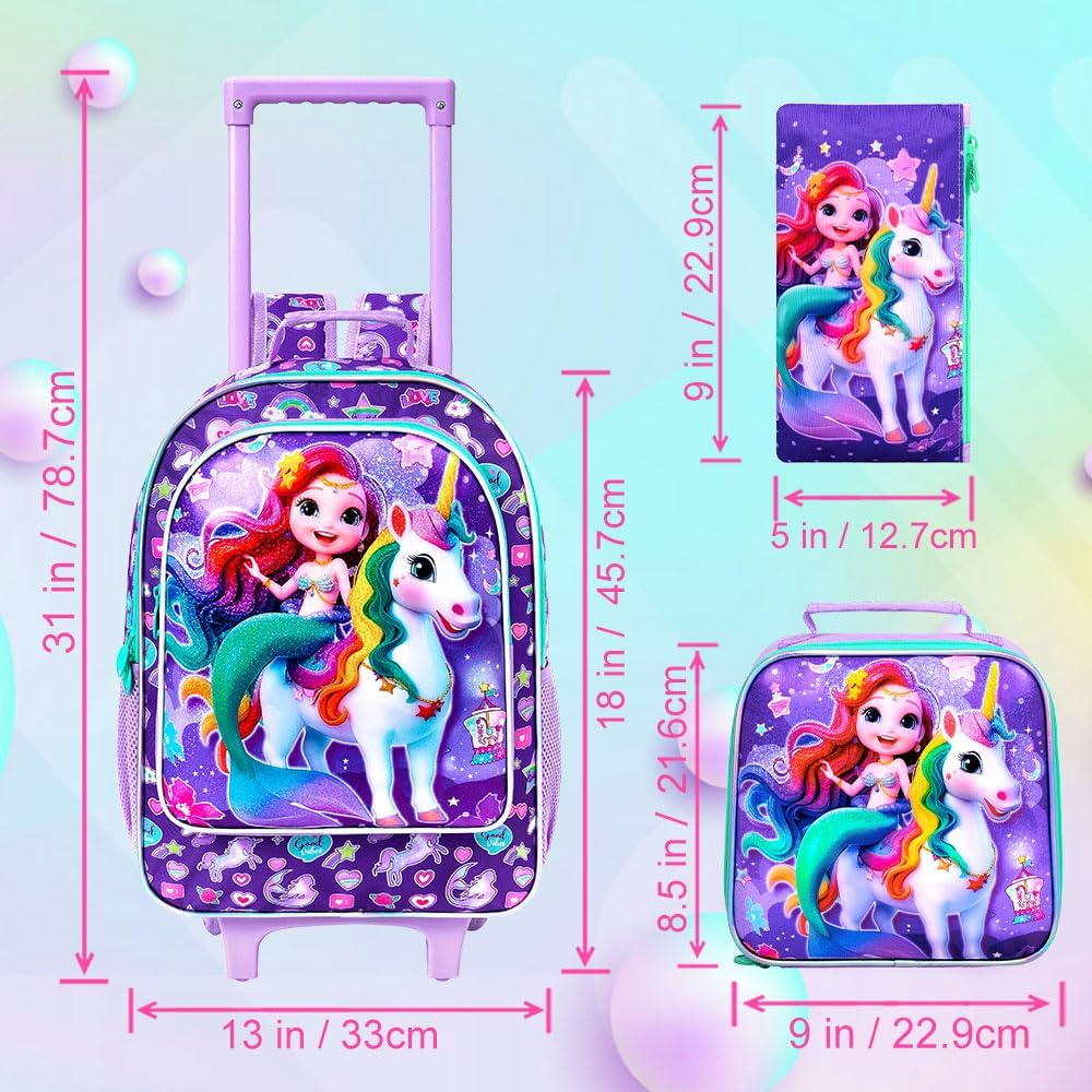3Pcs Rolling Backpack for Girls, Kids Unicorn Roller Bookbag with Wheels, Wheeled School Bag Set for Elementary (Purple) - Image 4