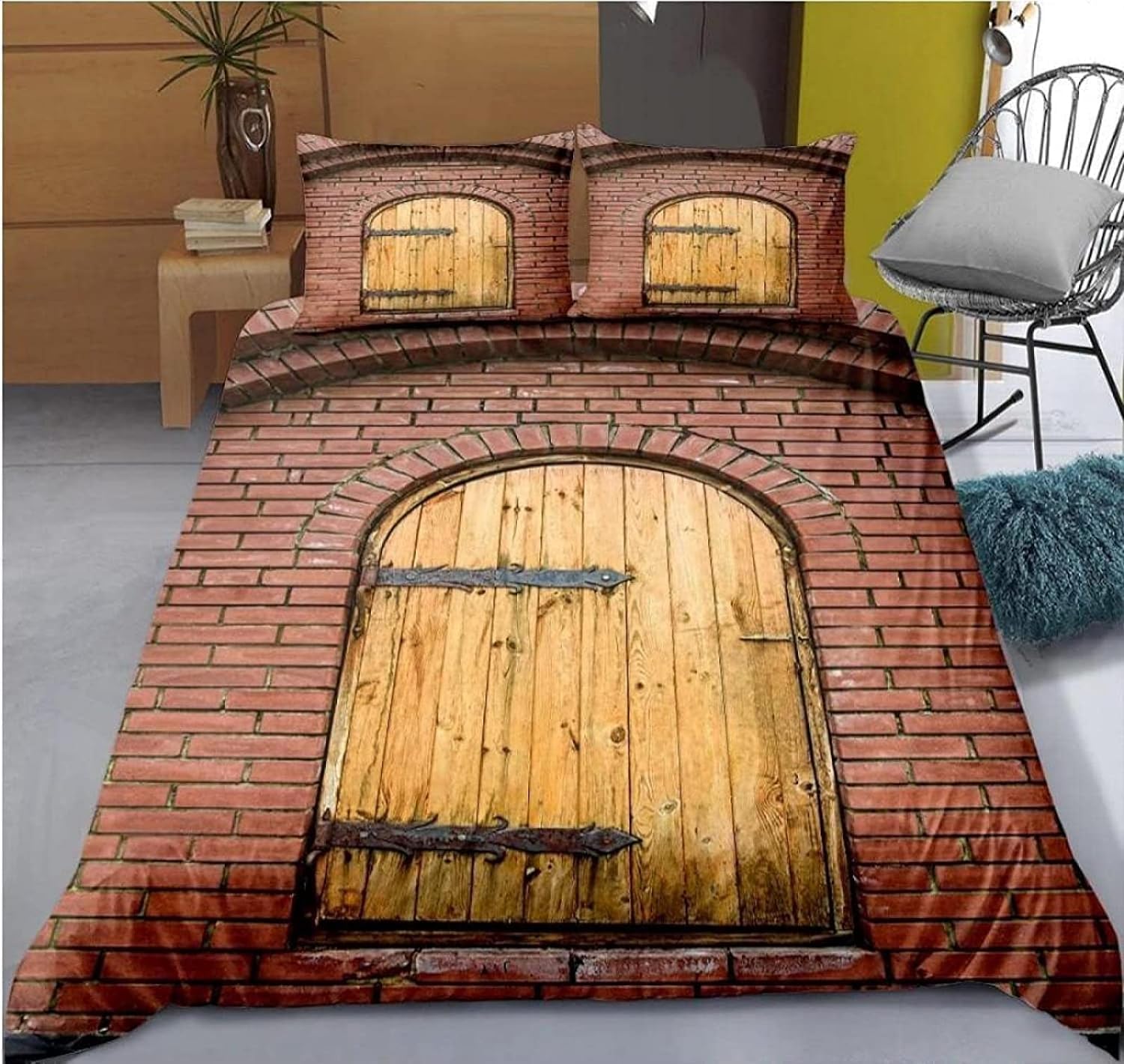 Housse de couette 200x200 bois vintage avec 2 taies d'oreiller pour lit 2 personnes