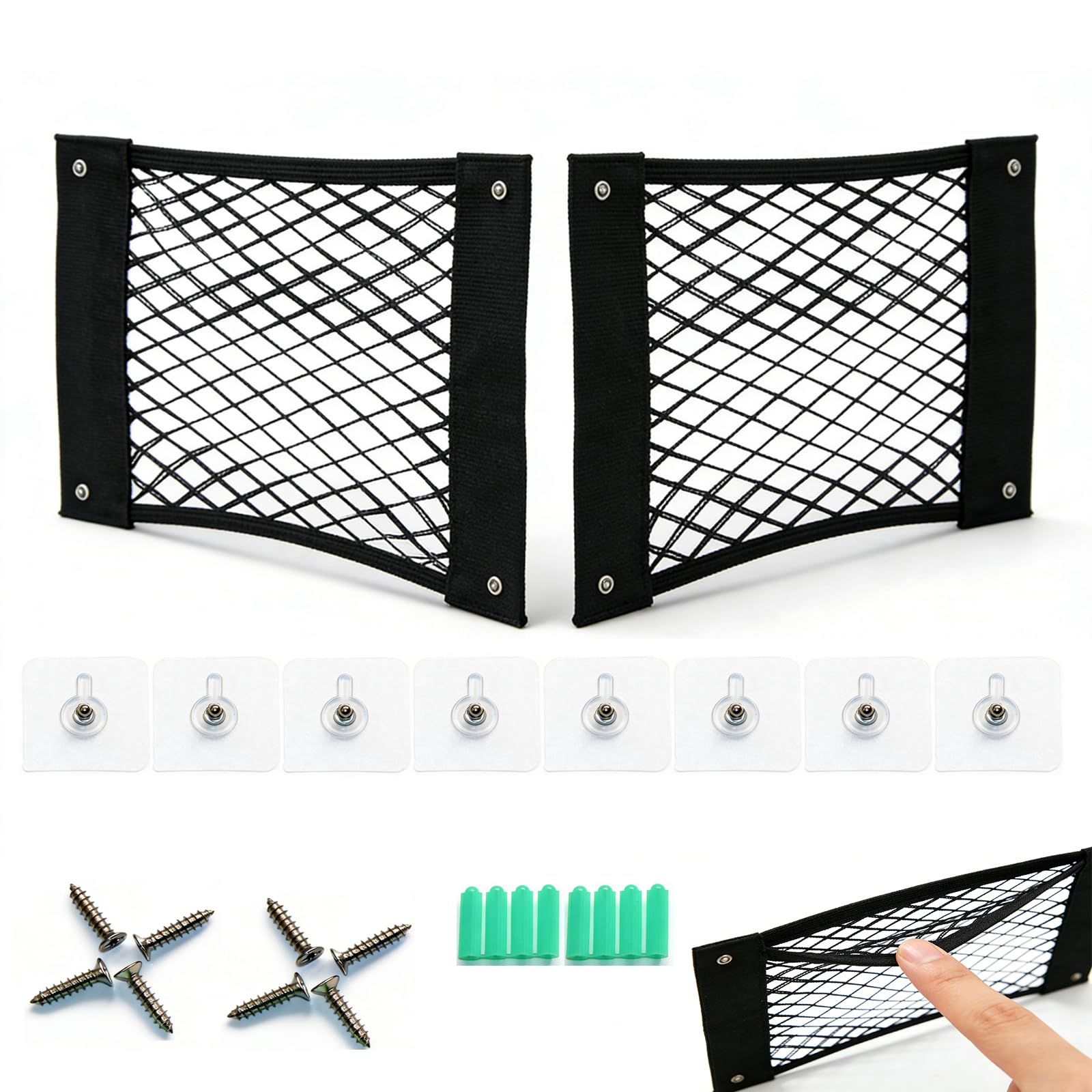 Kofferraum Taschen Auto Klett – Gepäcknetz & Organizer für Kofferraum mit 3 Montagearten & verstärkten Metallösen – inkl. Gepäcknetz zum Schrauben für SUV, Limousine & Kombi – 2er Set