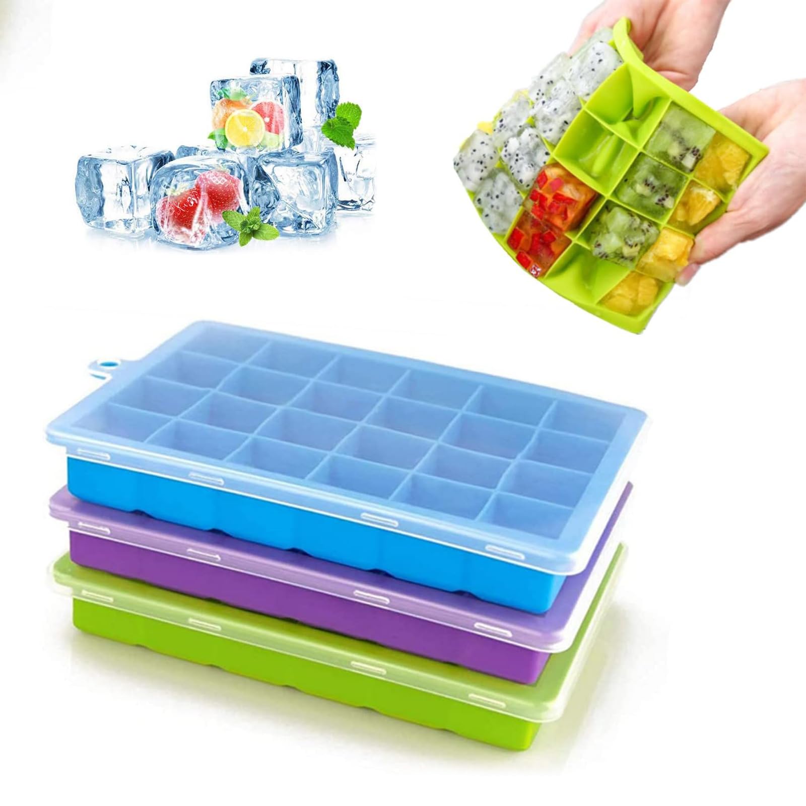 Ice Cube Tray with Removable Lid 3 Packs, Easy Release Flexible Ice Cube Tray 24 Cubes, Silicone Ice Tray Reusable and BPA Free Moulds for Freezer, Cocktail, Drink, Baby Food, Chocolate