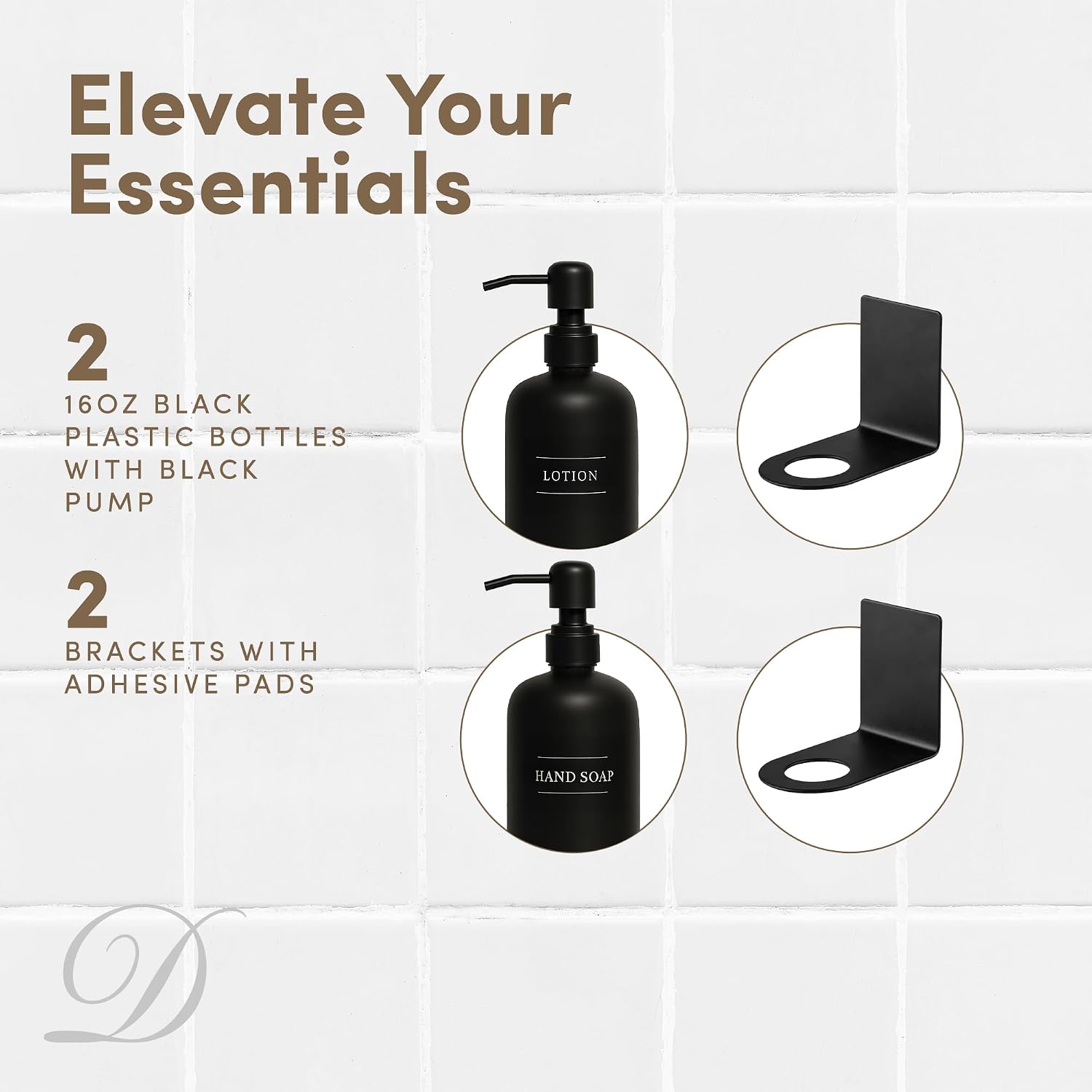 Soap Dispenser with Waterproof Label | Hand Soap Dispenser for Bathroom | Refillable Soap Dispenser | Bathroom Soap and Lotion Dispenser Set | Black Plastic Pump Bottles, 2 Pack, 16oz Each