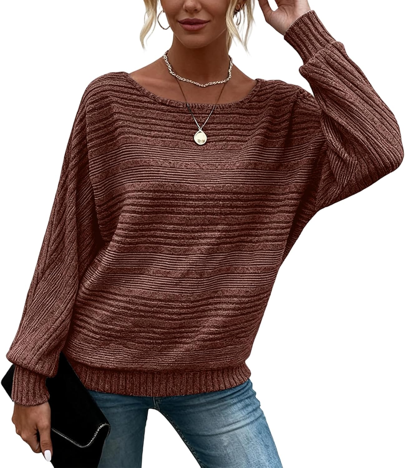 Women's Business Casual Lightweight Soft Stretchy Crewneck Batwing Long Sleeve Sweater - Office & Daily Pullover