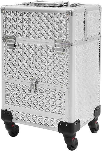 NEATOOM Rolling Makeup Train Case, Lockable Rolling Nail Case with Wheels, Salon Barber Case Traveling Cart Trunk with Dra...