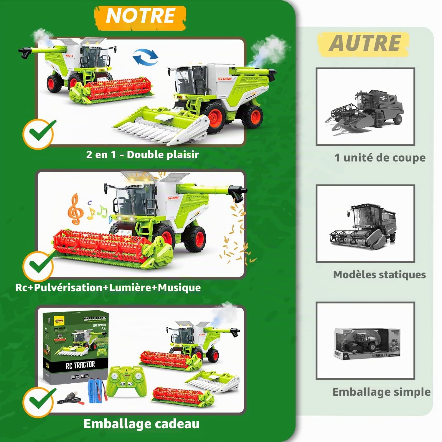 PENGBU RC Moissonneuse-batteuse télécommandée, jouet moissonneuse-batteuse télécommandée à partir de 3 ans, broyeur de maïs avec pulvérisations, lumière et son, cadeaux de fête pour enfants de 4, 5, 6