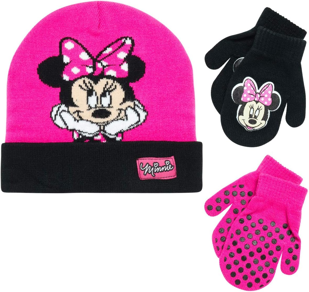 Disney Girls Minnie Mouse and Vampirina Winter Hat and 2 Pair Mitten or Glove Set (Toddler/Little Girl), Size Age 2-4, Reversible Minnie Mittens 2-4