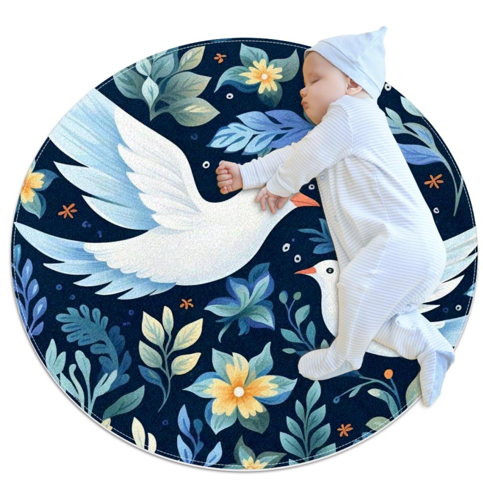 Paillasson pour canapé et chambre enfant, tapis rond déco plumes