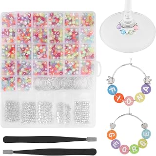 60 Sets DIY Wine Glass Charms – 1300 Letter Beads, 300 Silver Bead Charms, 60 Rings, 2 Tweezers, Storage Bag – Transparent Style Wine Glass Markers for Weddings, Parties, Events