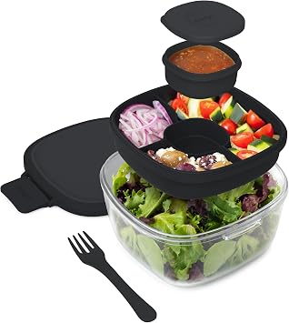 Bentgo Glass Salad Container - 7.6-Cup Salad Bowl with Airtight Lid, Leak-Proof Sauce Container, 4-Compartment Bento Tray & Reusable Fork - BPA-Free for Meal Prep, Office & More Black Onyx
