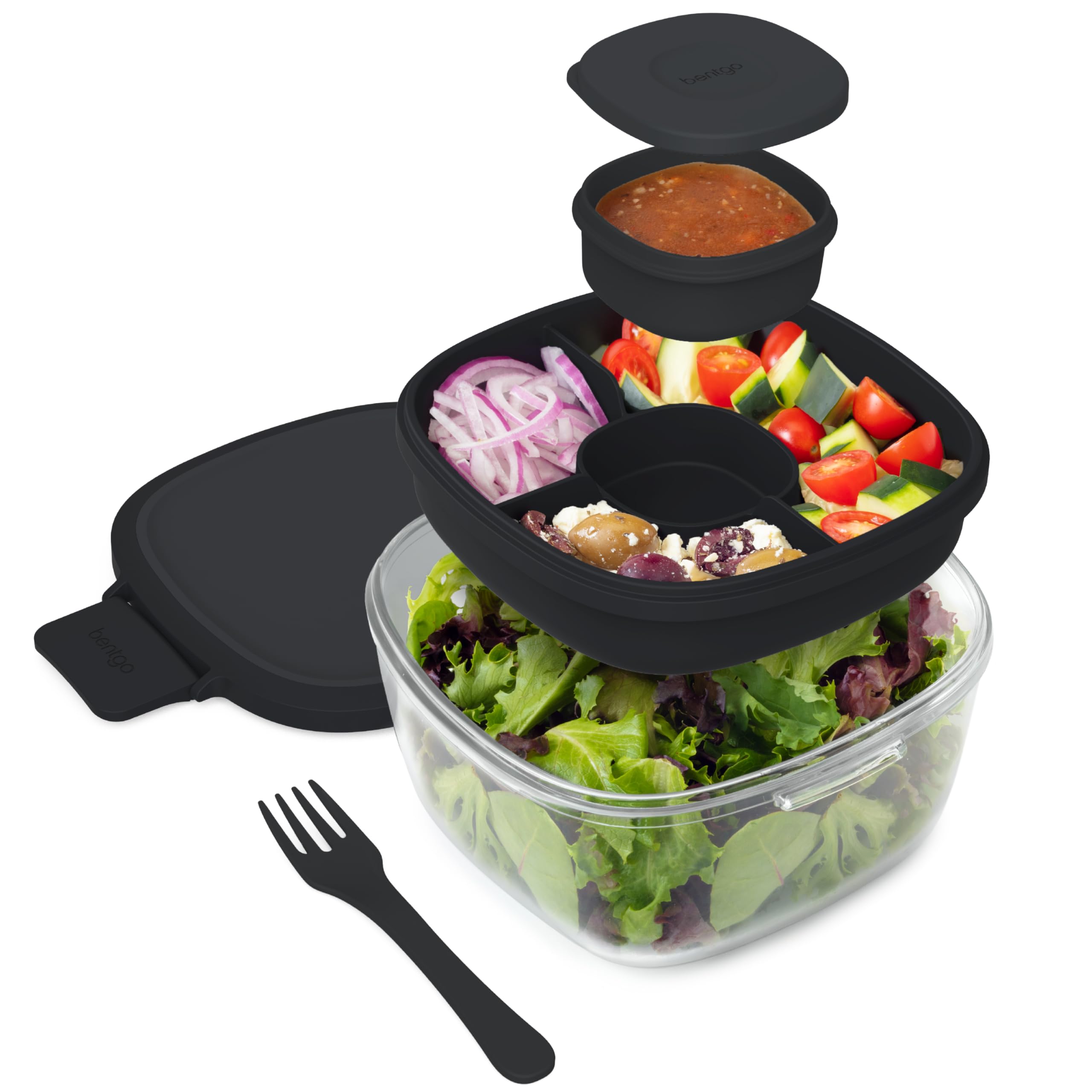 Bentgo Glass Salad Container - 7.6-Cup Salad Bowl with Airtight Lid, Leak-Proof Sauce Container, 4-Compartment Bento Tray & Reusable Fork - BPA-Free for Meal Prep, Office & More (Black Onyx)