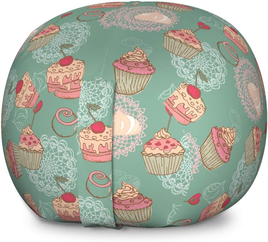 Lunarable Wedding Cake Storage Toy Bag Chair, Cupcakes with Hearts Cherry Whip Cream Valentines Day Desserts, Stuffed Animal Organizer Washable Bag, Large Size, Almond Green Pink Peach