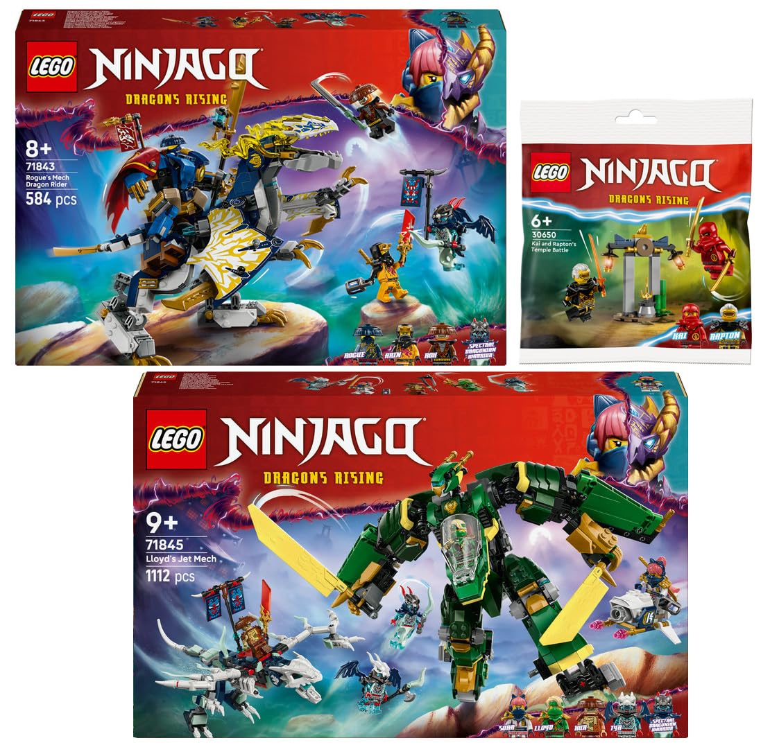 Lego Ninjago Set of 3: 71843 Rogues Mech Dragon Rider, 71845 Lloyds Jet Mech & 30650 Kais and Rapton's Duel in the Temple