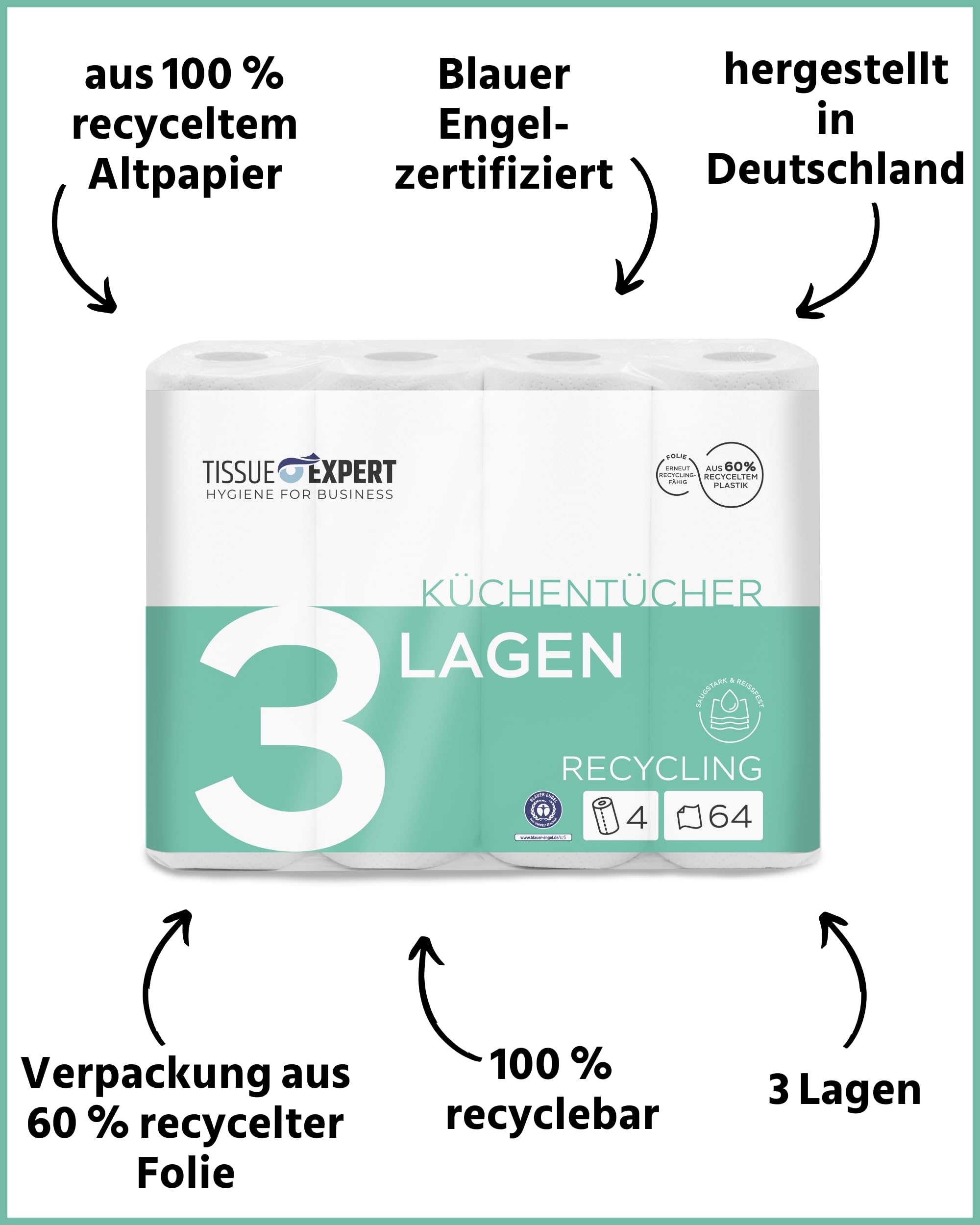 Küchentücher 3-lagig | 64 Rollen x 64 Blatt | Großpackung