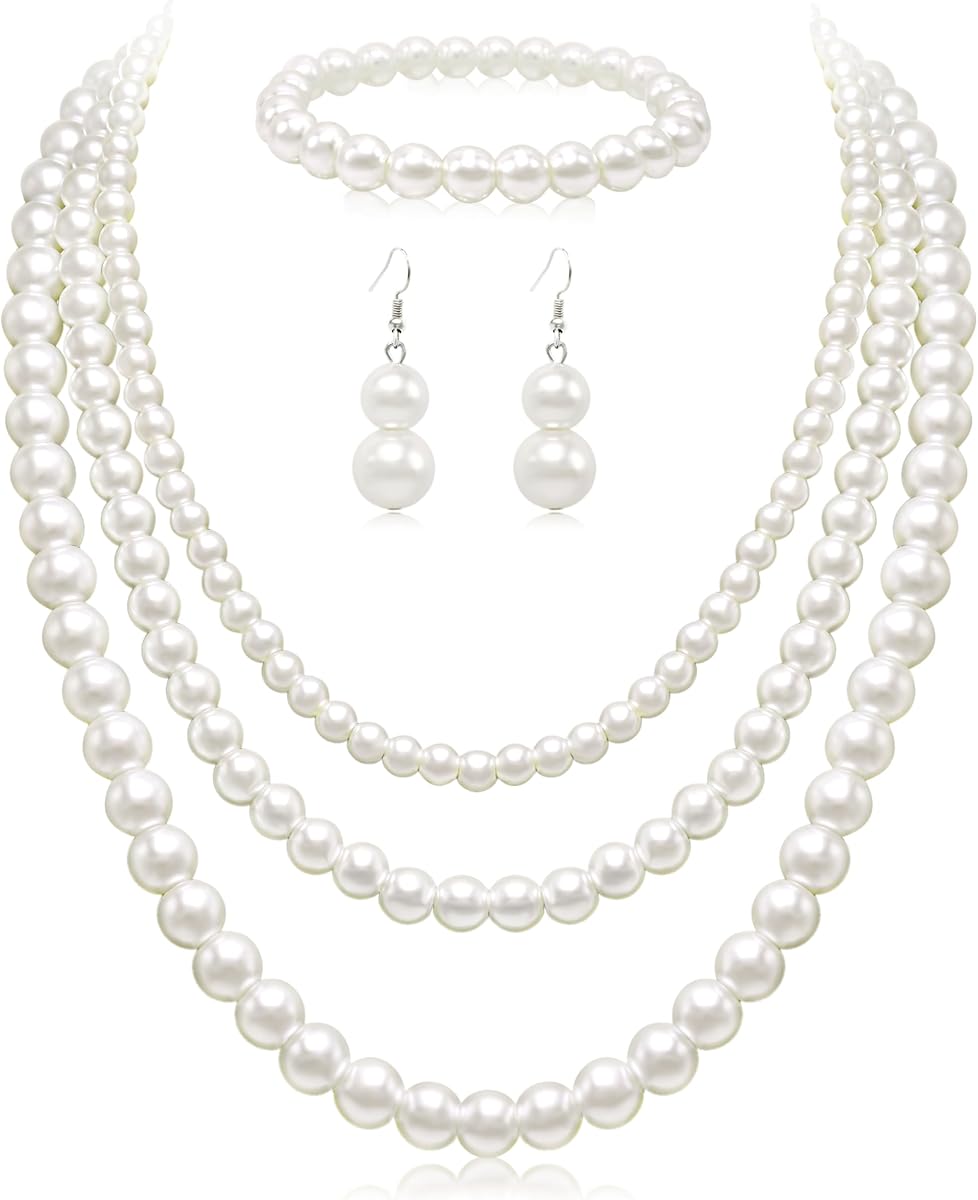 Gargantilla de perlas para mujer, collar con cuentas de perlas de imitación, conjunto de pendientes, joyería de disfraz, regalo para esposa y madre