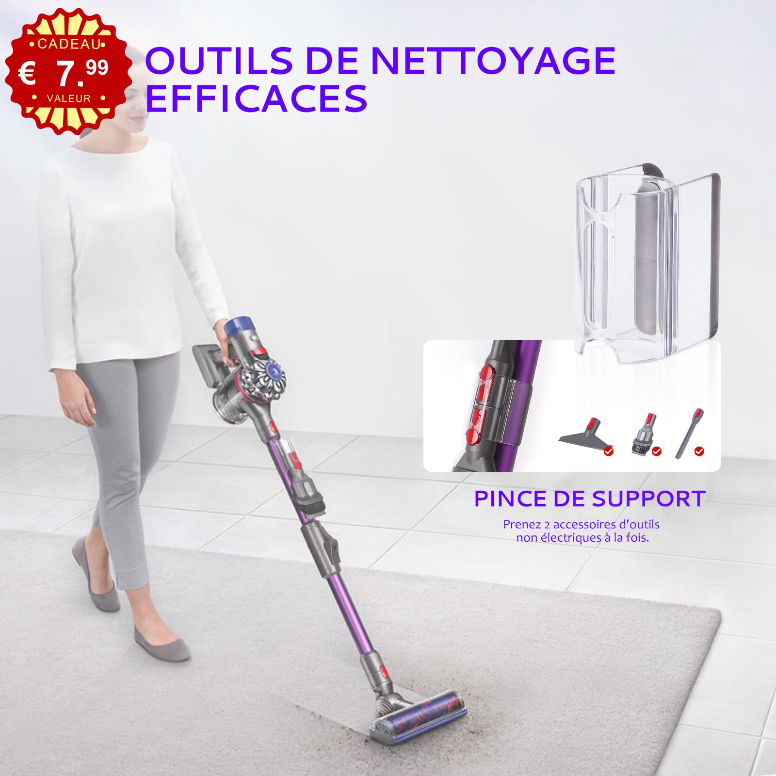 Tubo telescópico compatible con Dyson V7 V8 V10 V11 V15 aspiradora sin cable, tubo de aluminio con cierre rápido mejorado para limpieza debajo de la cama y la mesa de centro (Morado)